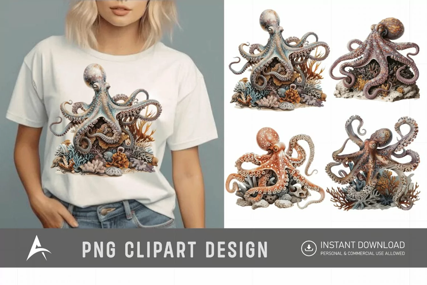 Watercolor Octopus on Ocean Coral Clipart product image 1