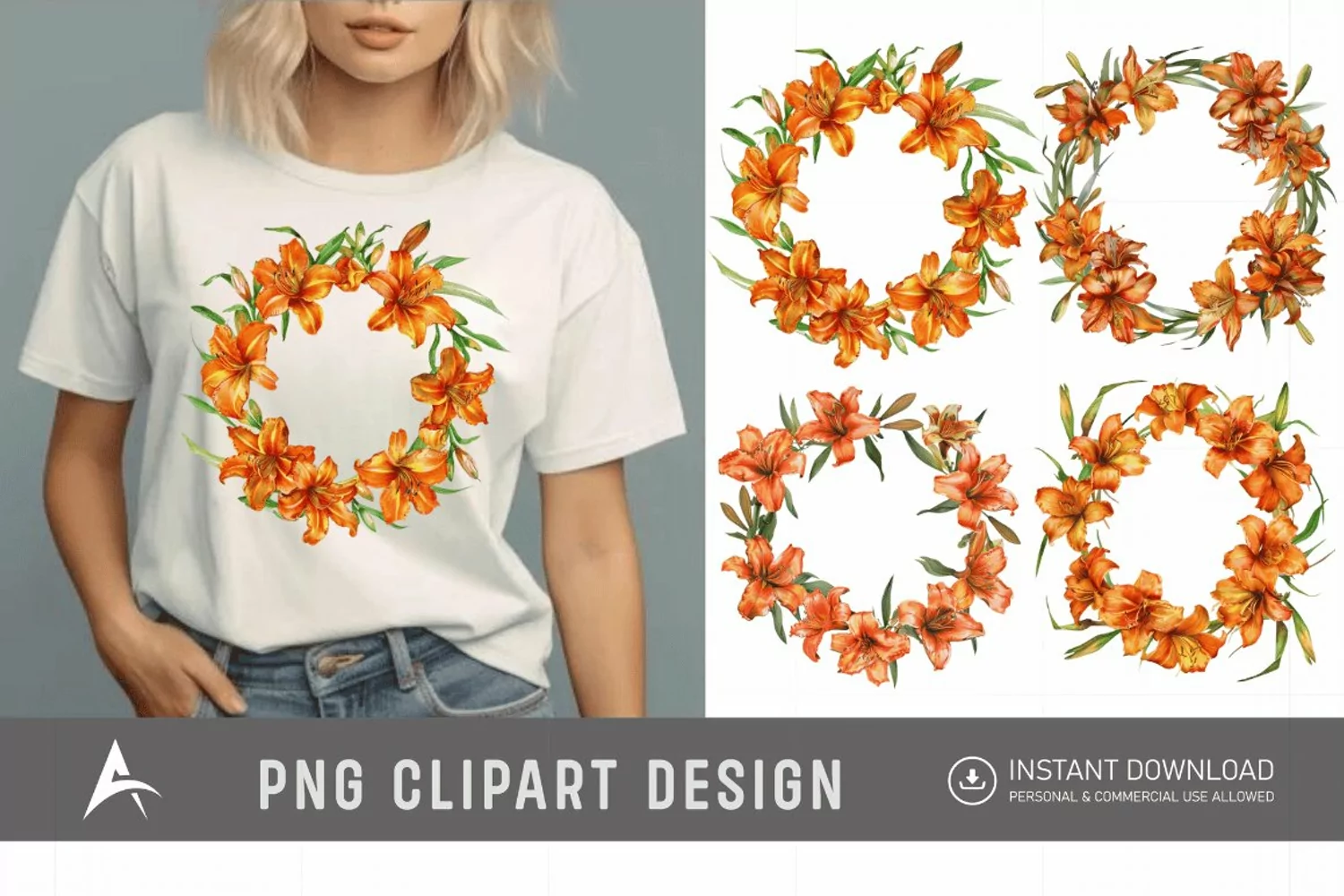 Watercolor Orange Daylily Wreaths Clipart product image 1