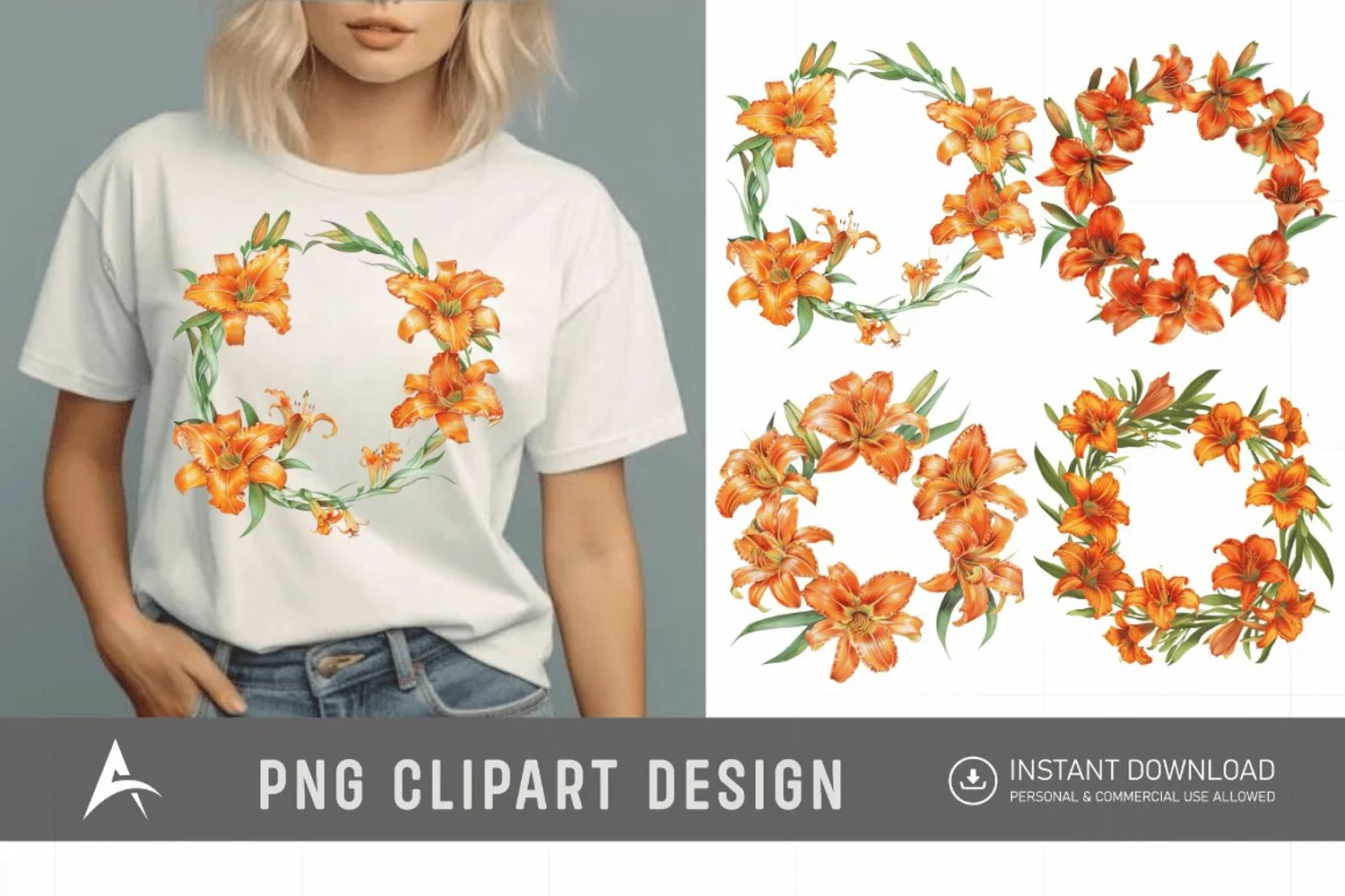 Watercolor Orange Daylily Wreaths Clipart product image 1