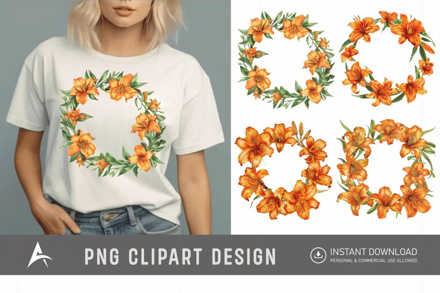 Watercolor Orange Daylily Wreaths Clipart product image 1