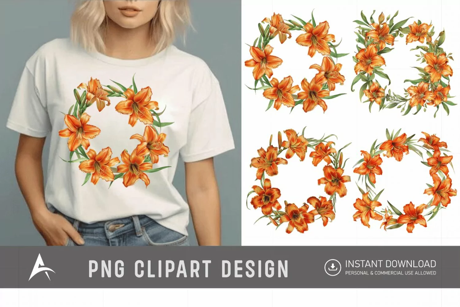 Watercolor Orange Daylily Wreaths Clipart product image 1