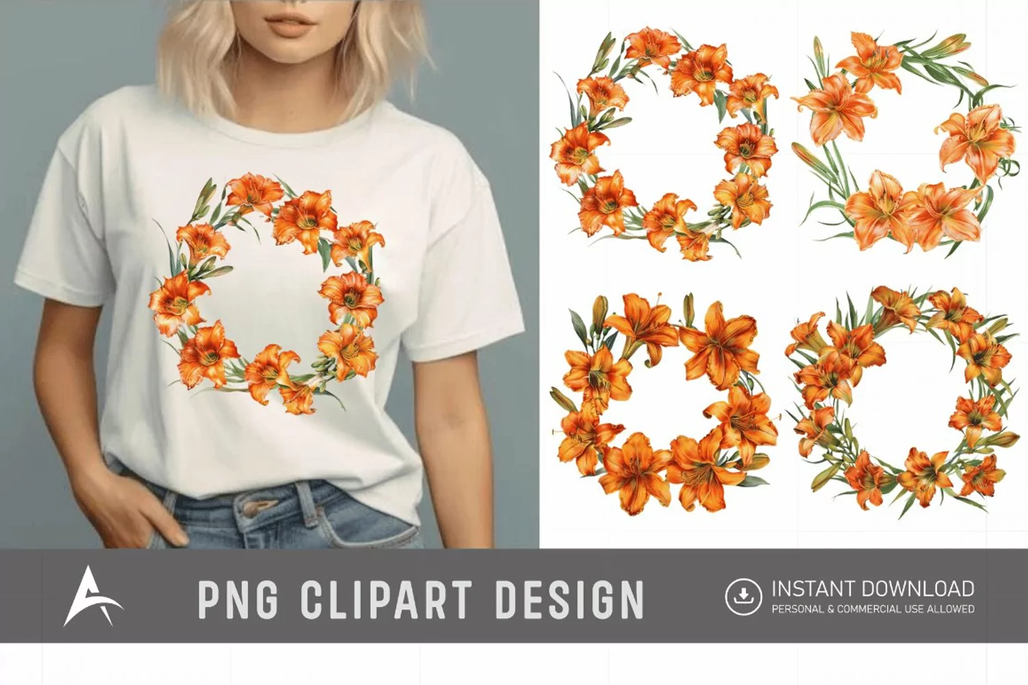Watercolor Orange Daylily Wreaths Clipart product image 1