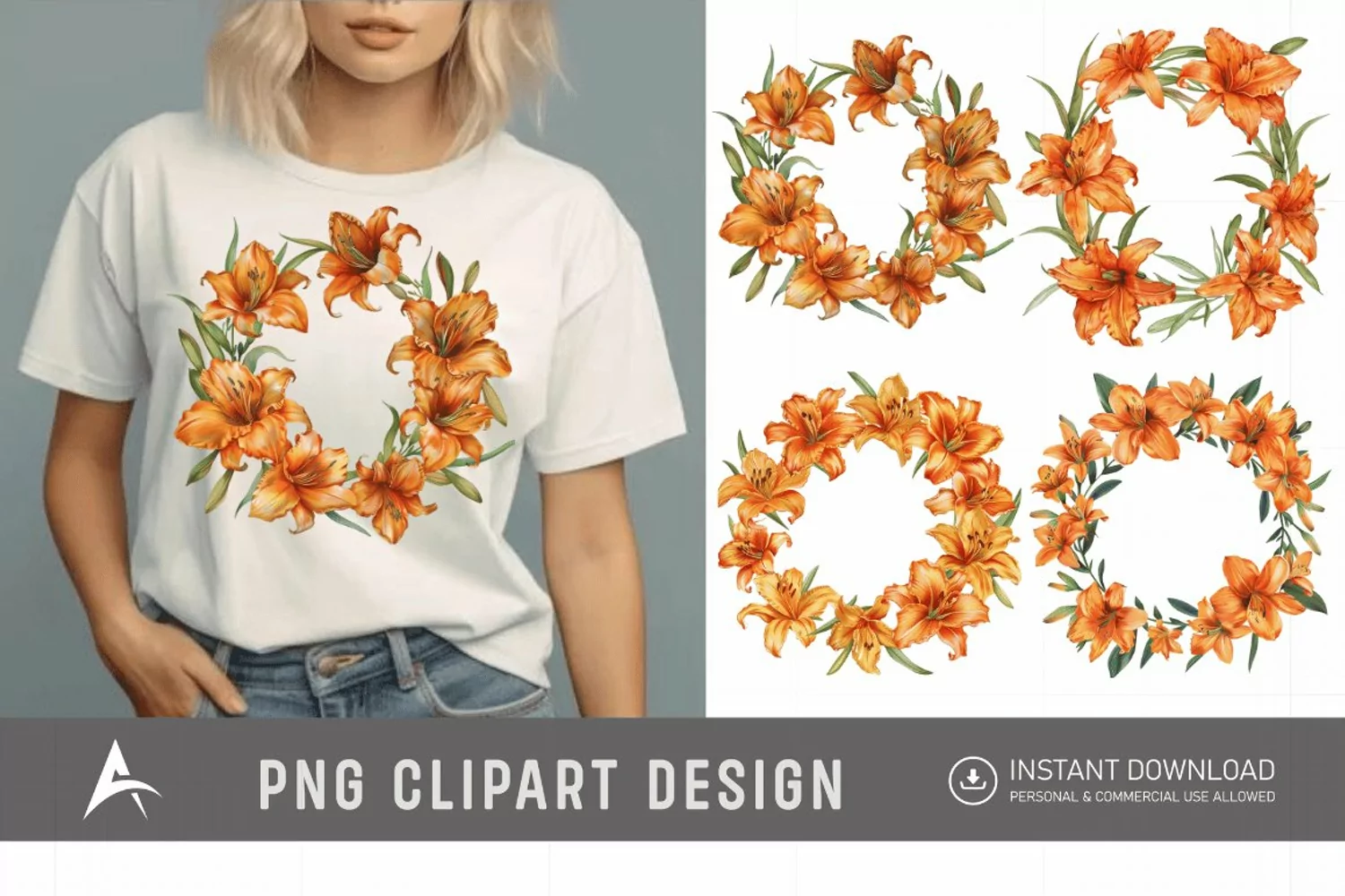 Watercolor Orange Daylily Wreaths Clipart product image 1