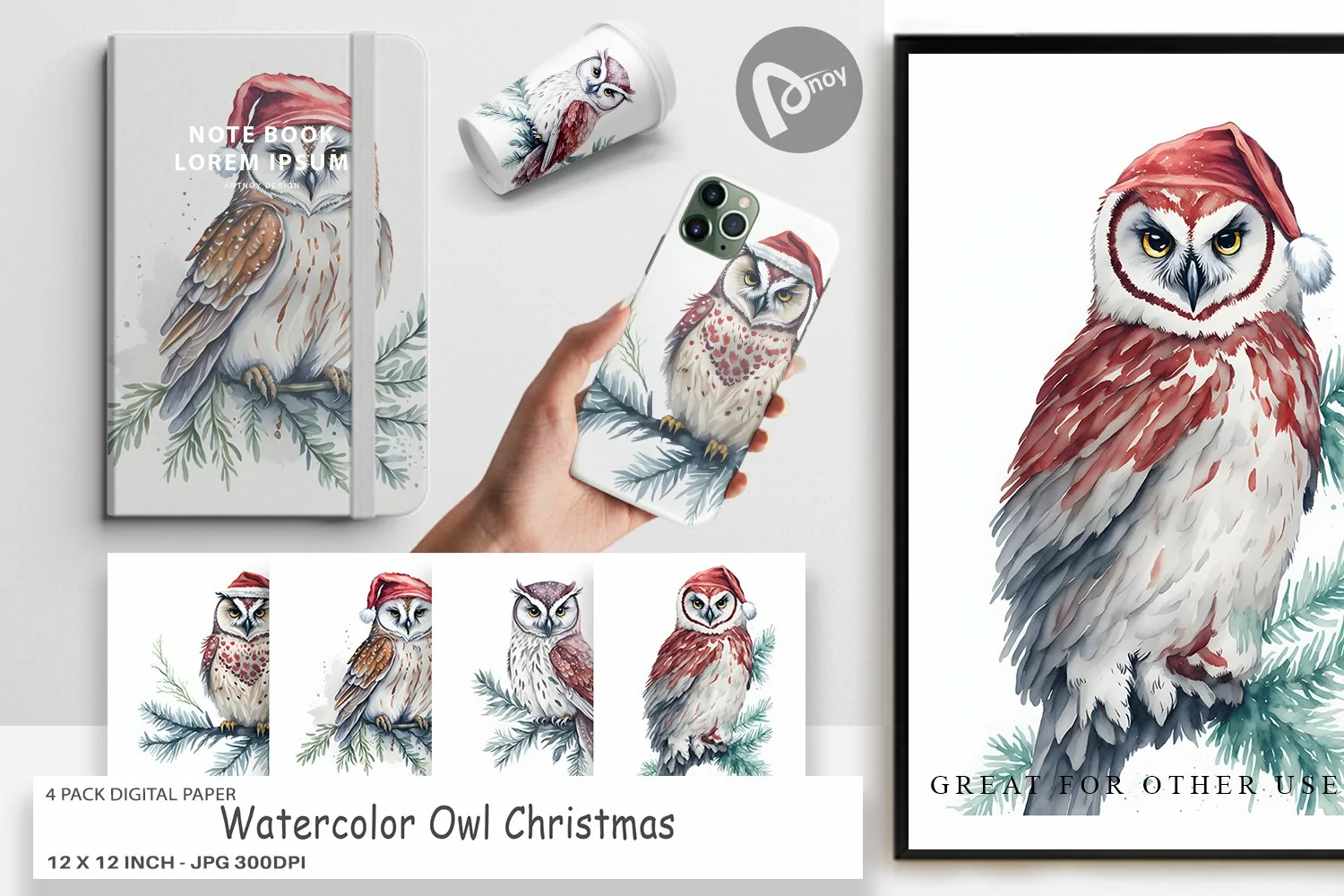 Digital Paper Watercolor Owl Christmas product image 1