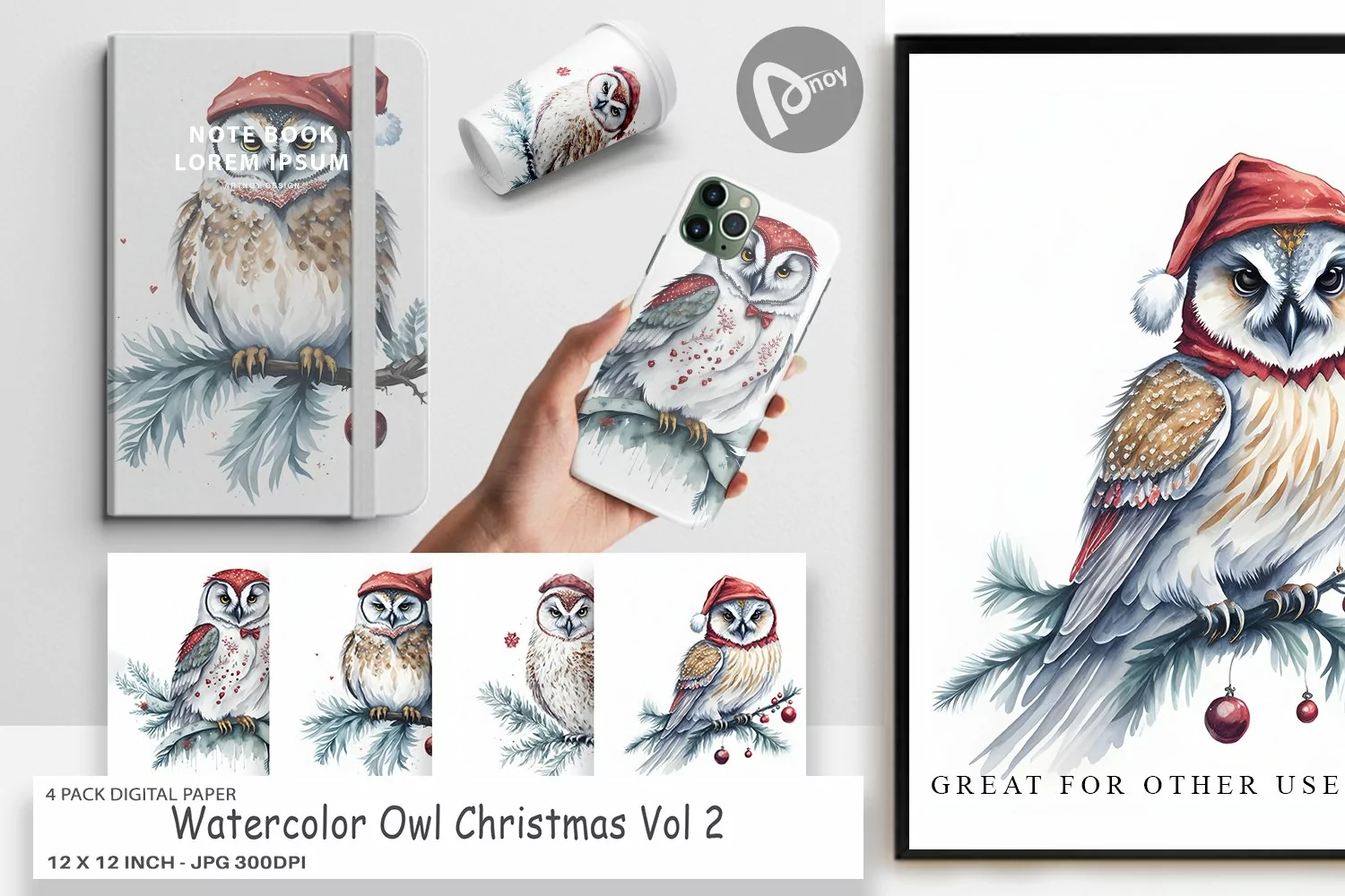 Digital Paper Watercolor Owl Christmas product image 1