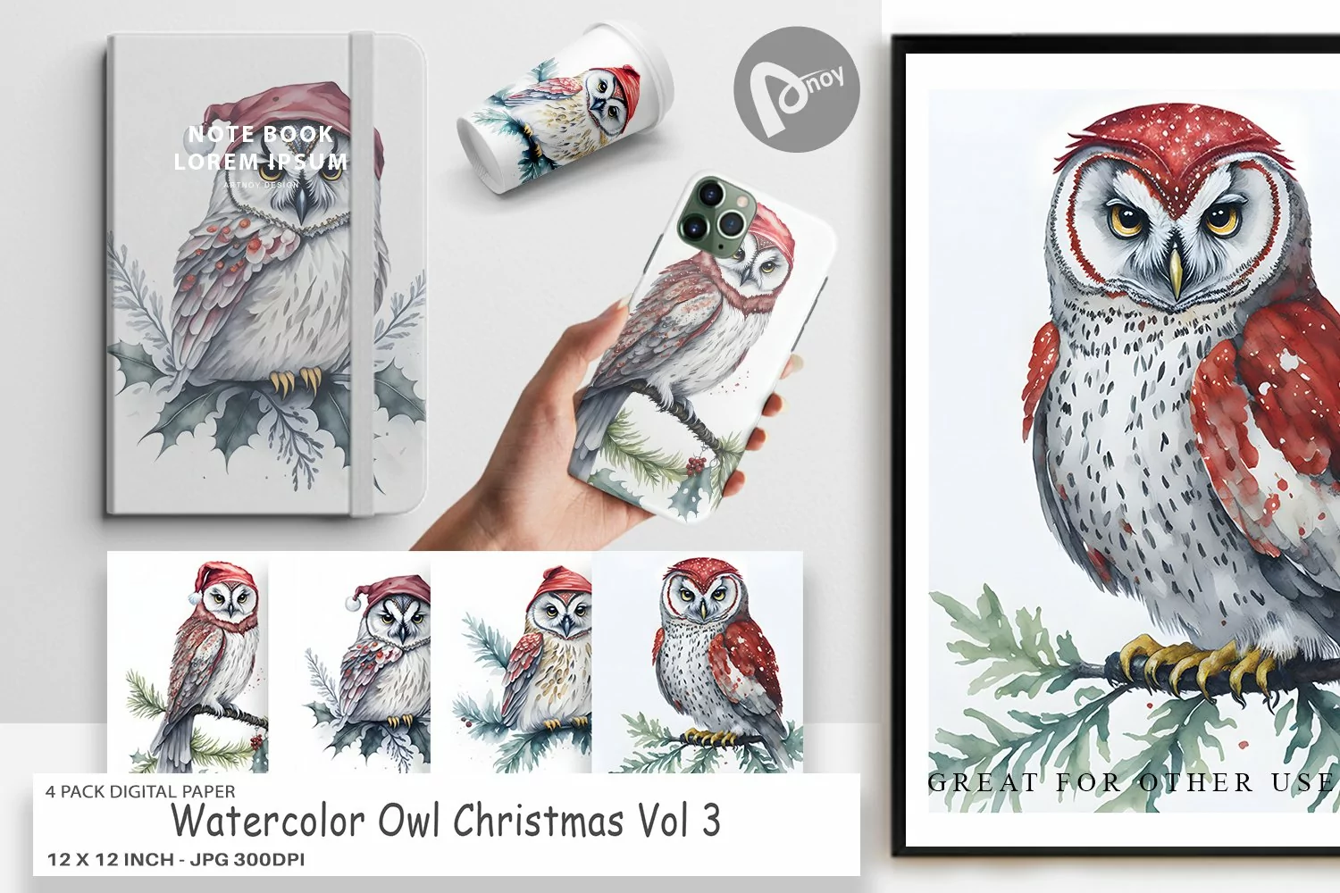 Digital Paper Watercolor Owl Christmas product image 1