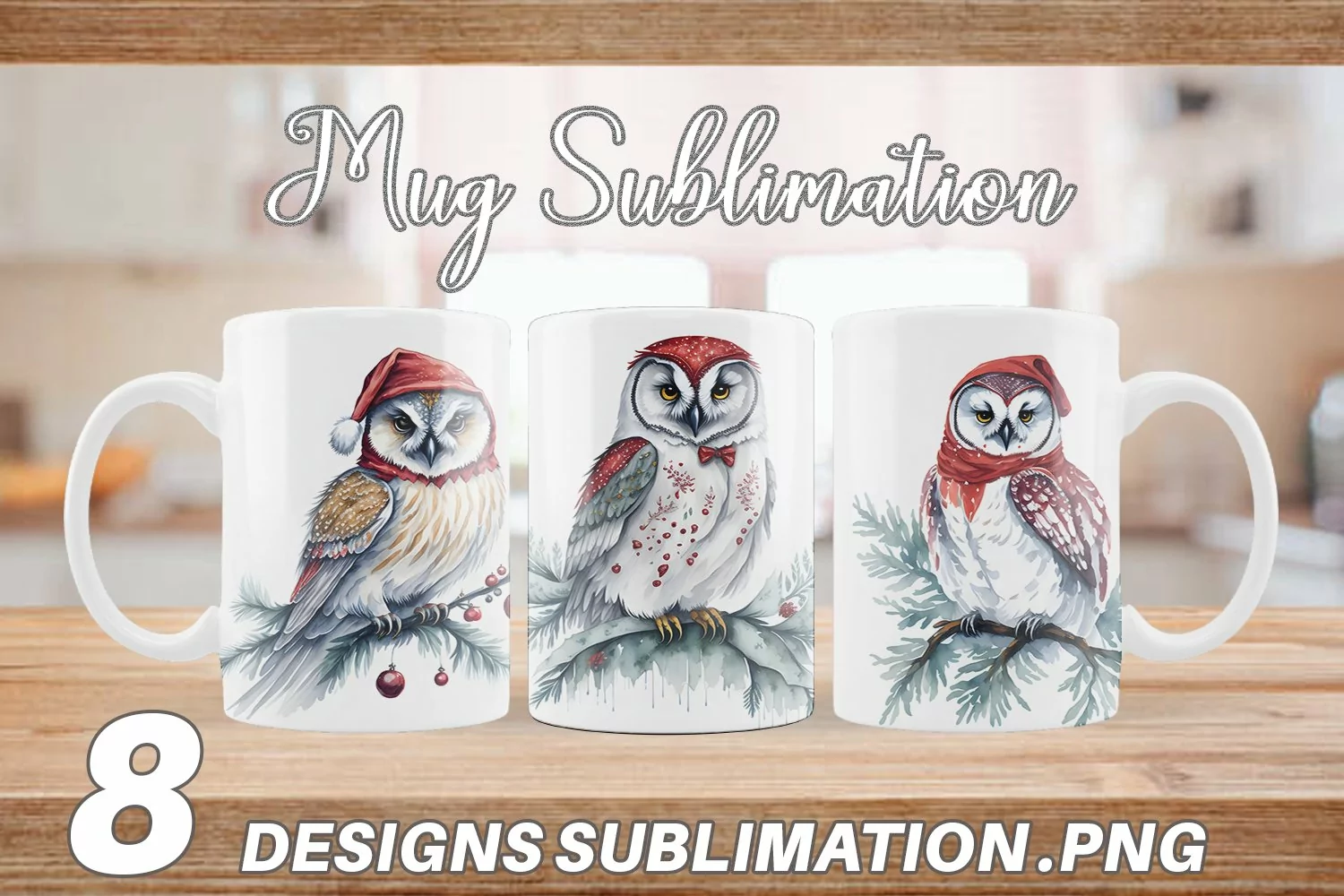 Watercolor Owl Christmas Mug sublimation design product image 1