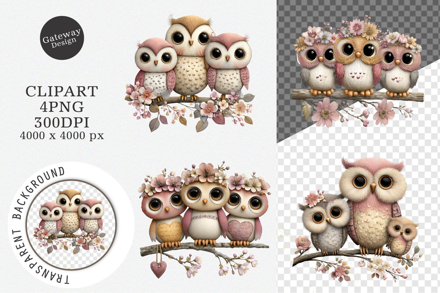 Watercolor Owl Trio Clipart product image 1