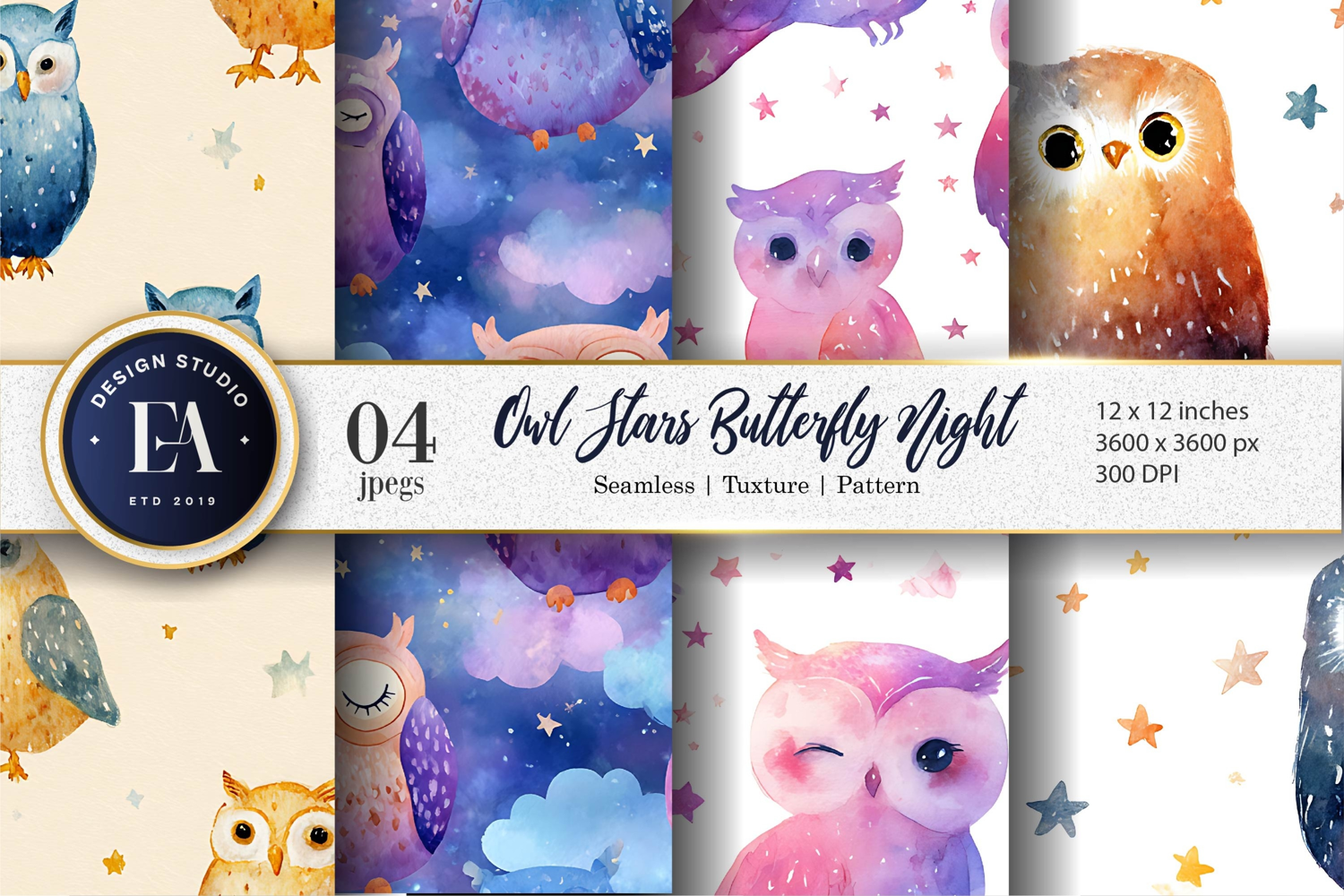 Dreamy Watercolor Owls Tiny Stars Seamless Digital Paper product image 1