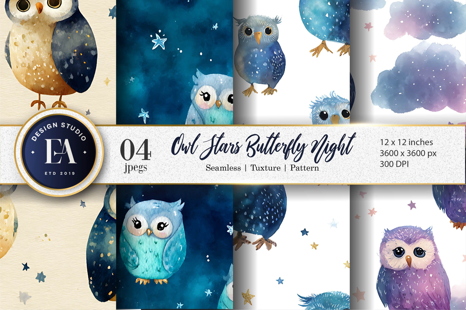 Dreamy Owls with Tiny Stars Watercolor Digital Paper product image 1