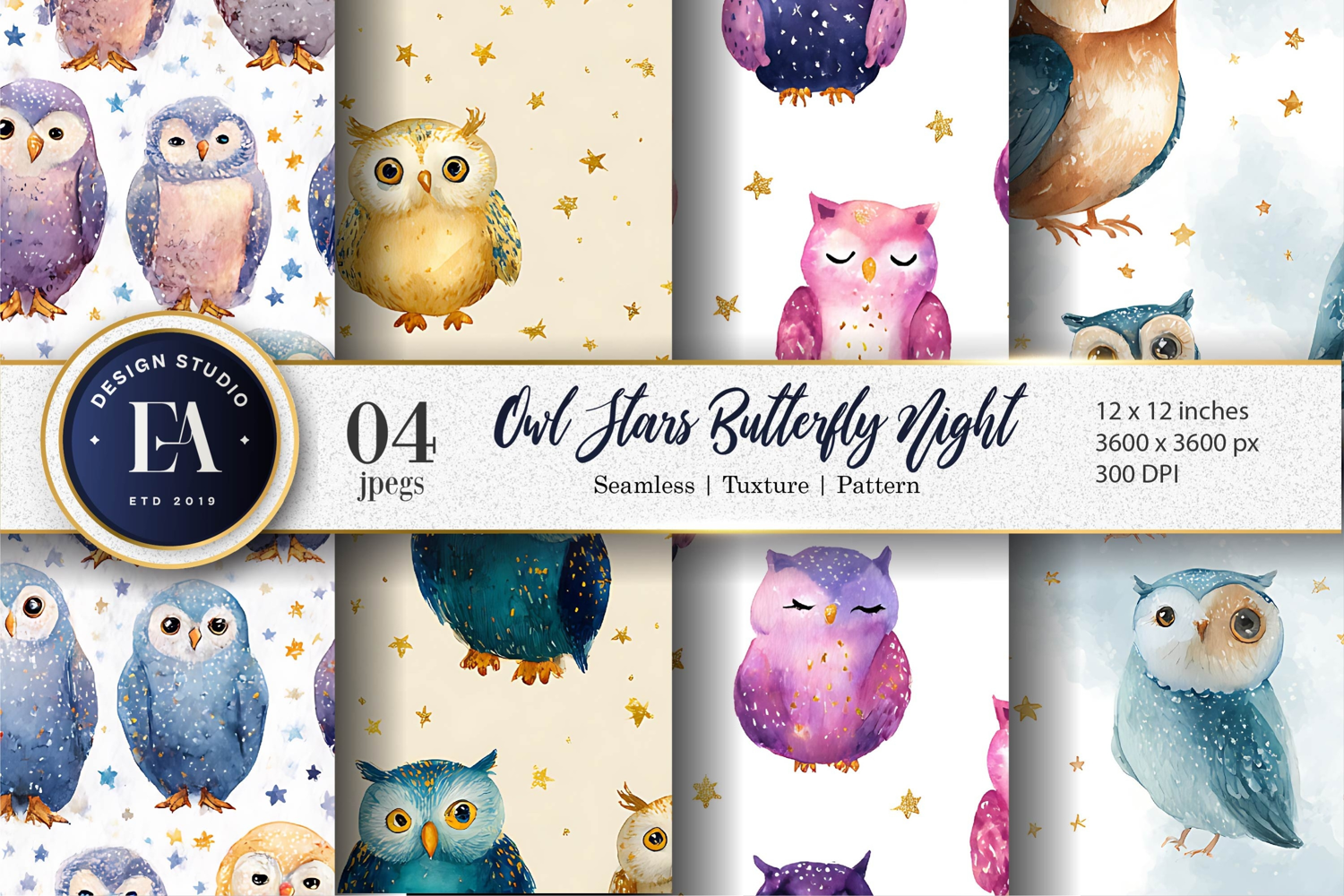 Owls with Stars Watercolor Dreamy Night Digital Paper product image 1