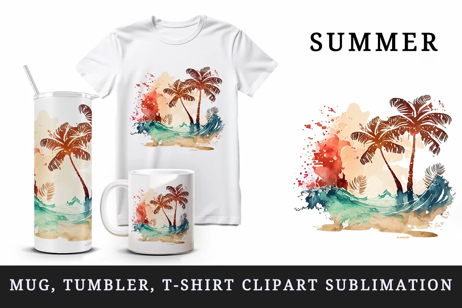 Watercolor painting of tropical beach scene with palm trees summer print 20 oz tumbler skinny mug wrap clipart t-shirt sublimation printable design
