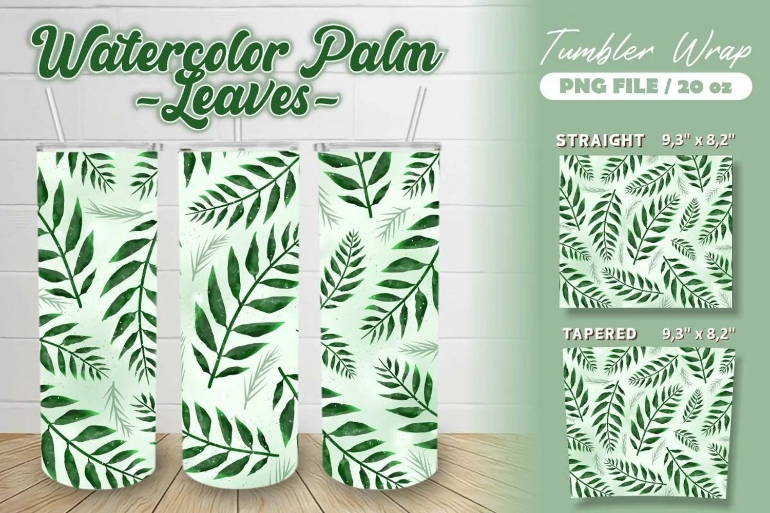 Watercolor Palm Leaves Pattern Tumbler Wrap