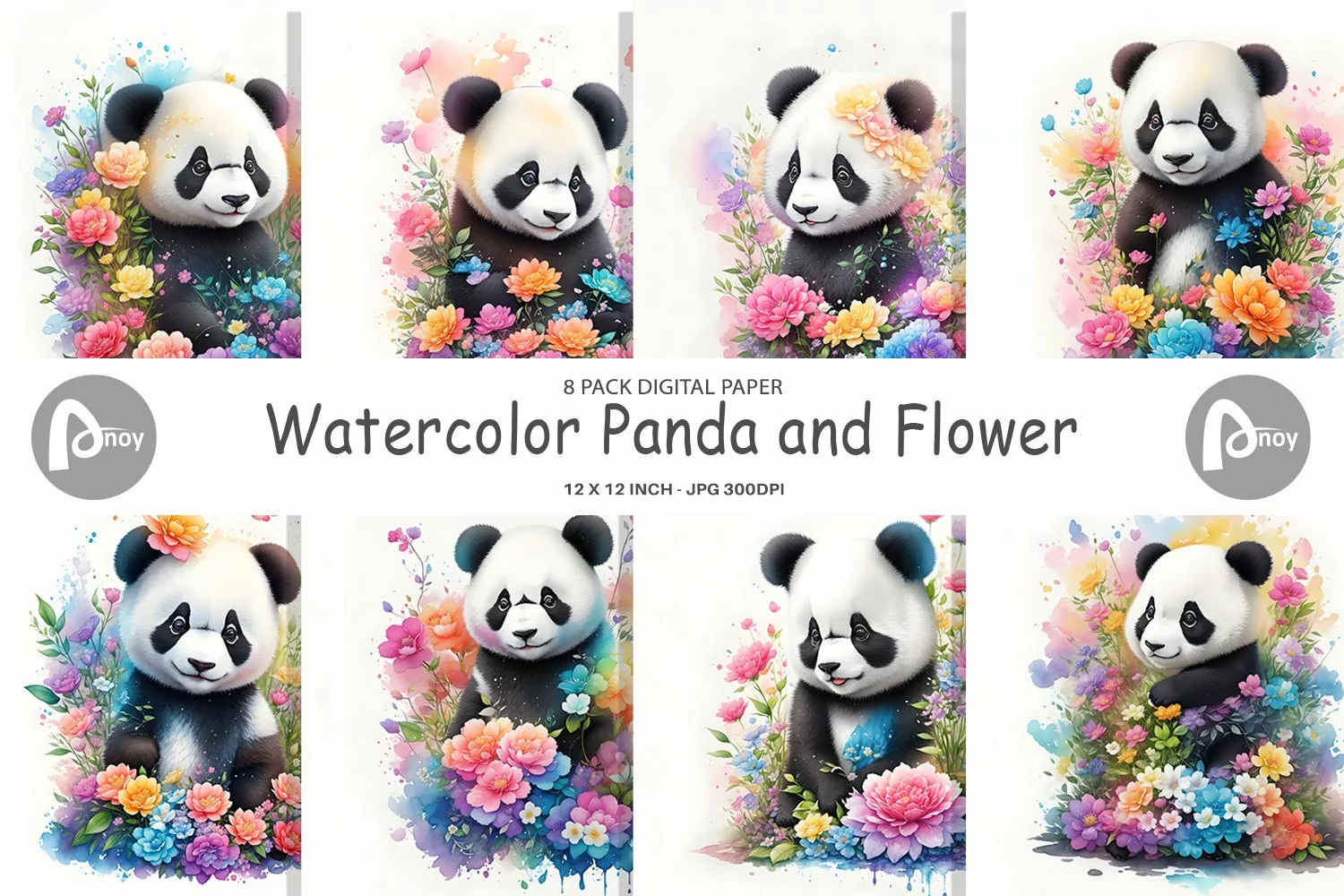 Watercolor Panda and Flower | Digital Paper product image 1