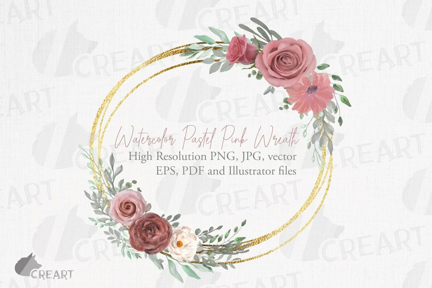 Watercolour pastel pink & glitter gold flower wreath clipart product image 1