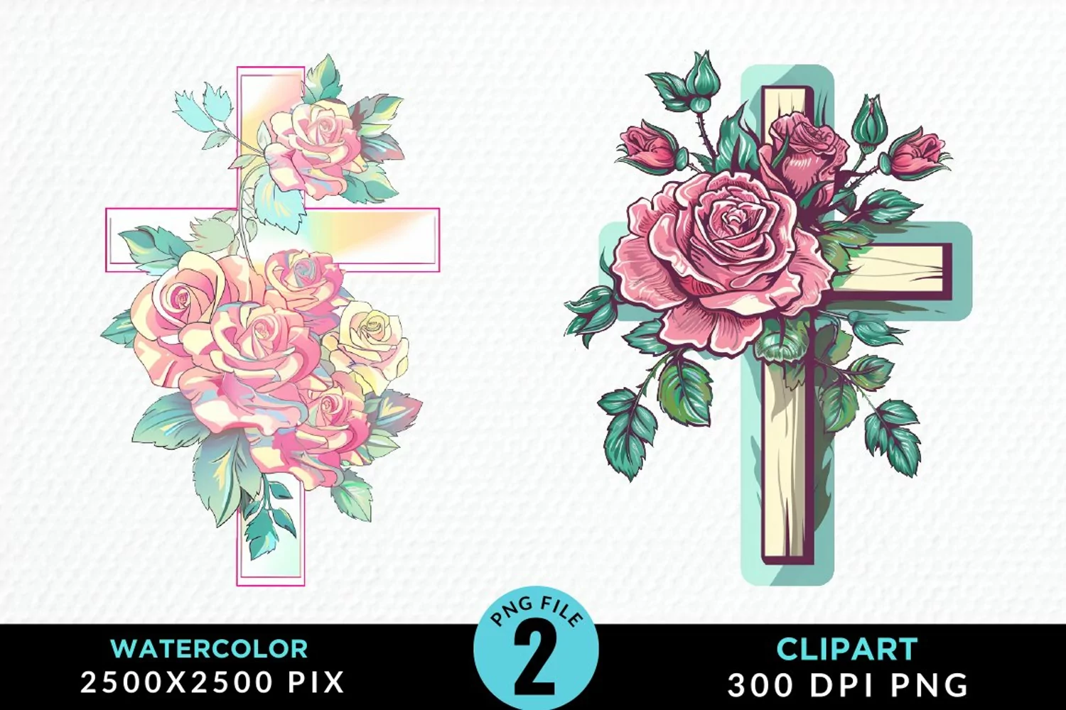 Watercolor Pastel Rose Cross Exquisite Clipart product image 1