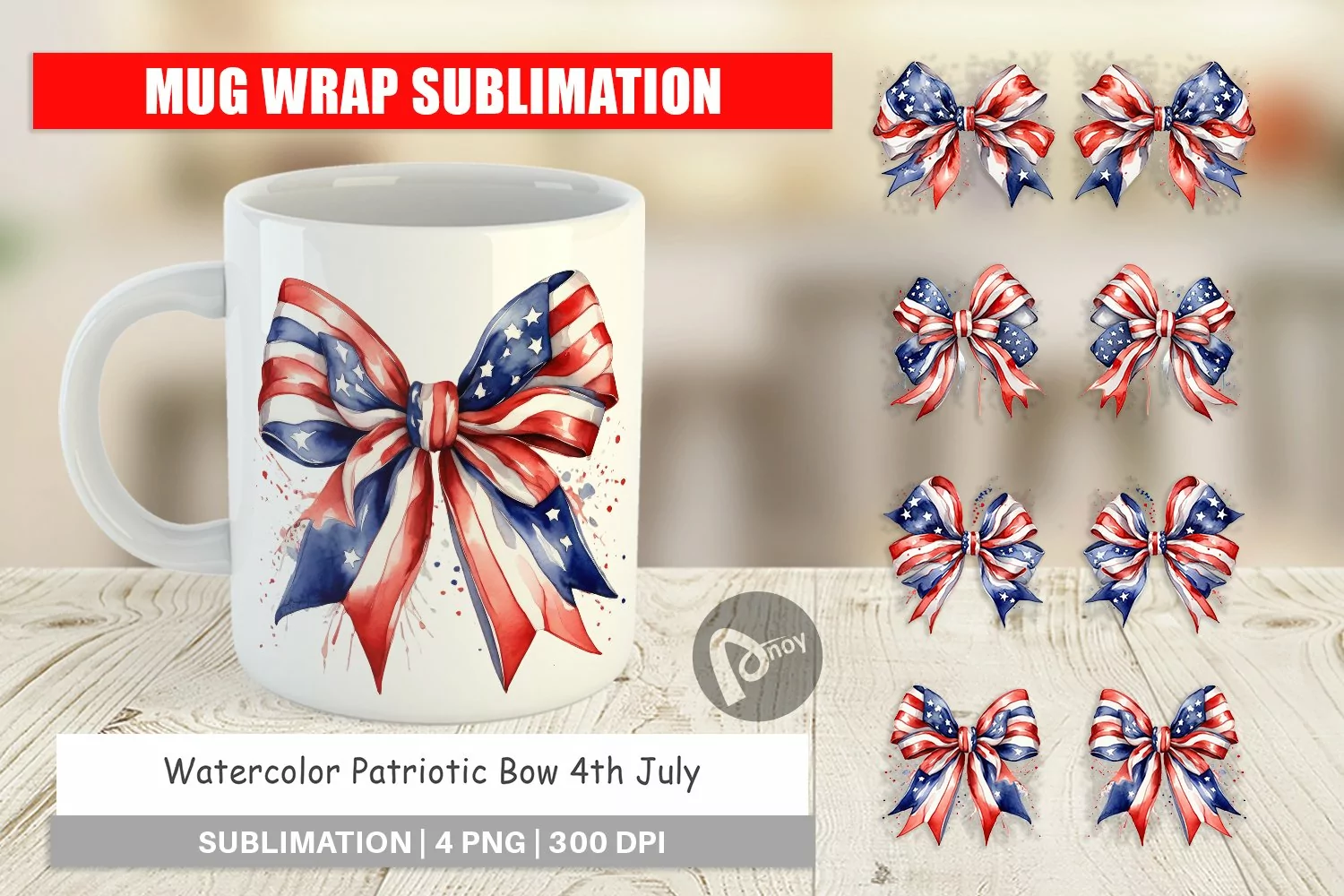 Mug Wrap Design Watercolor Patriotic Bow product image 1