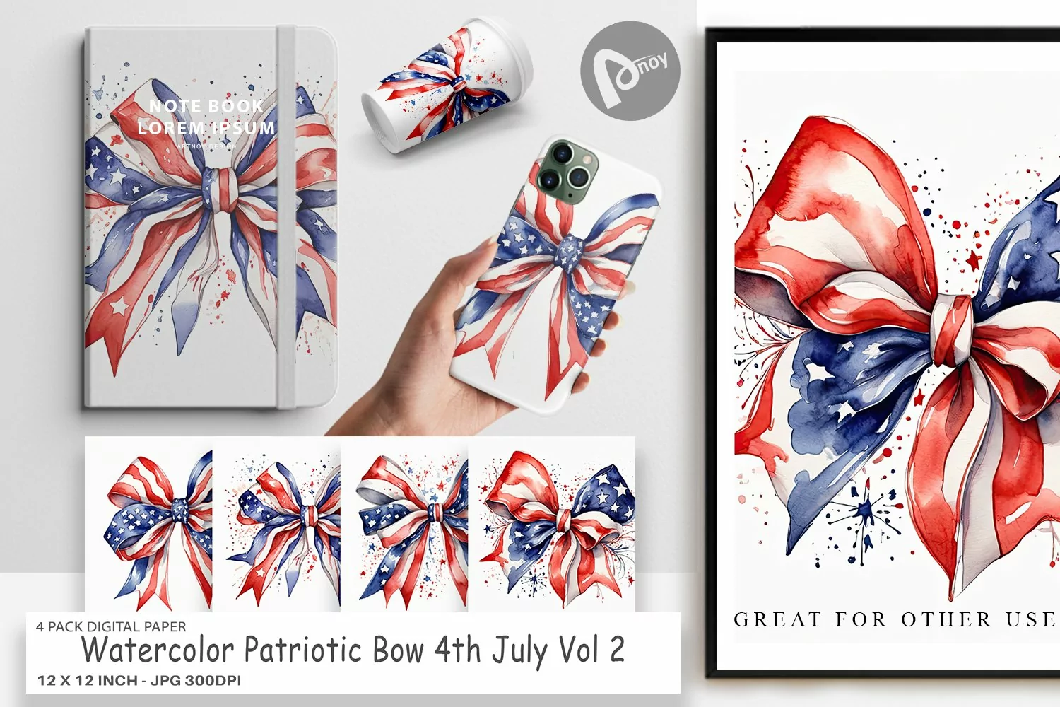Digital Paper Watercolor Patriotic Bow product image 1
