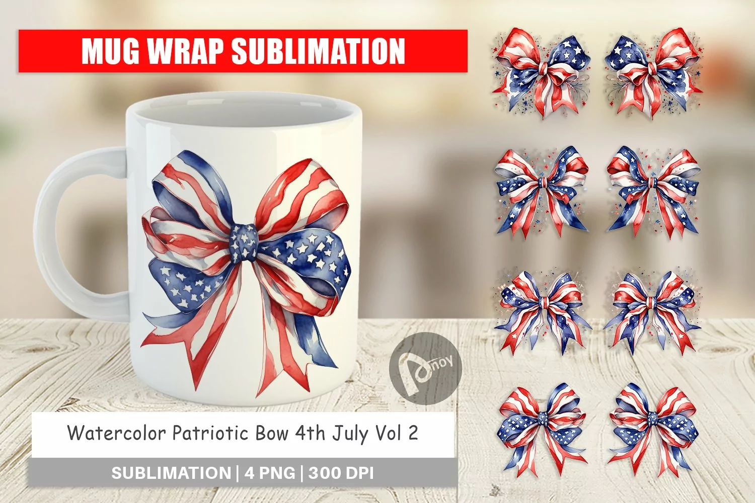 Mug Wrap Design Watercolor Patriotic Bow product image 1
