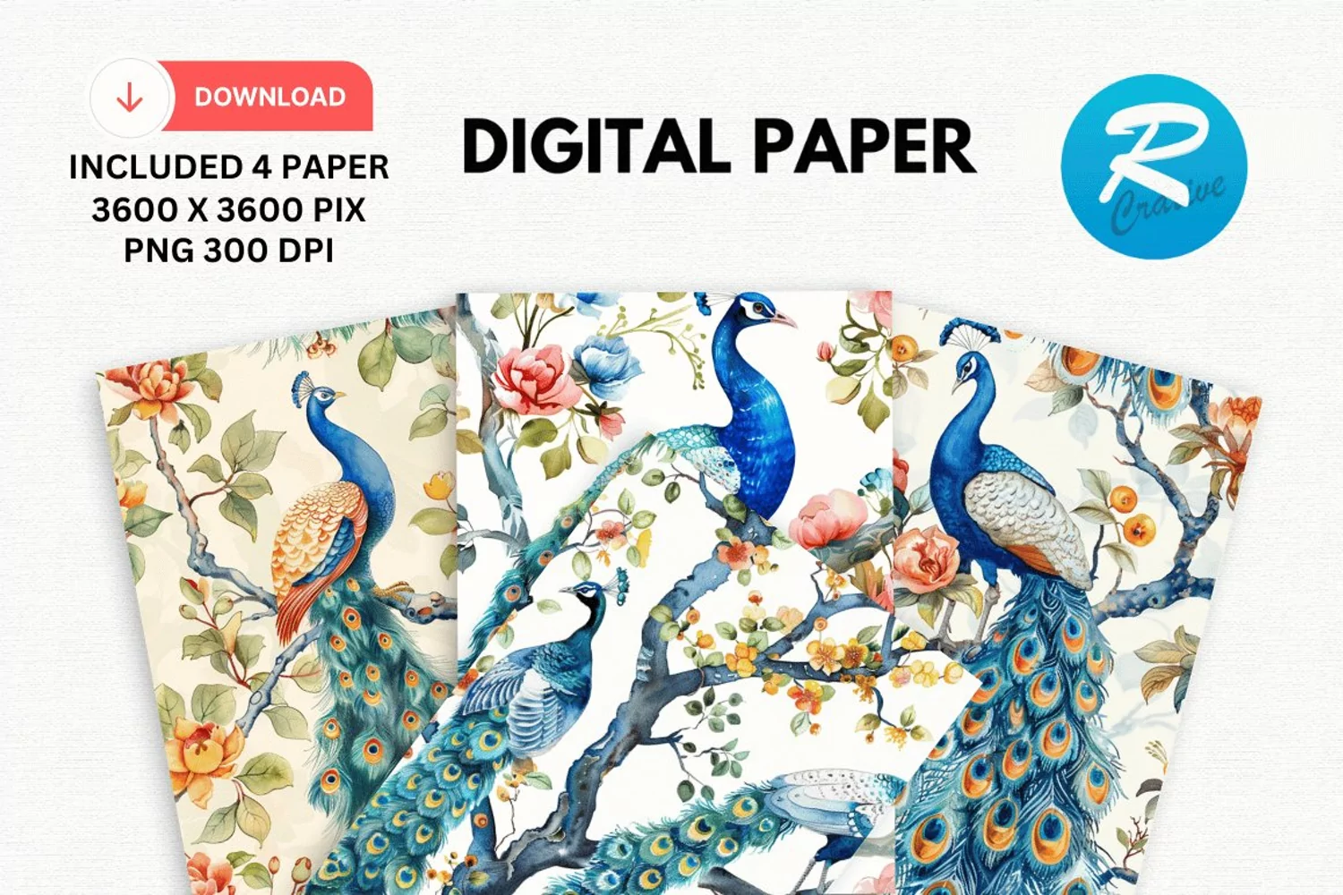 Watercolor Peacock Digital Paper, Peacock Background product image 1