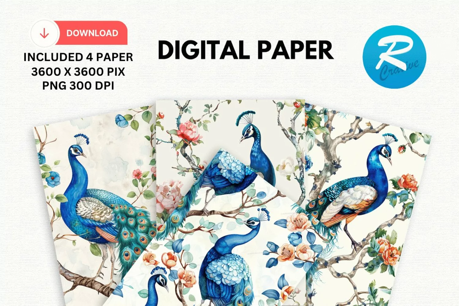 Watercolor Peacock Digital Paper, Peacock Background product image 1
