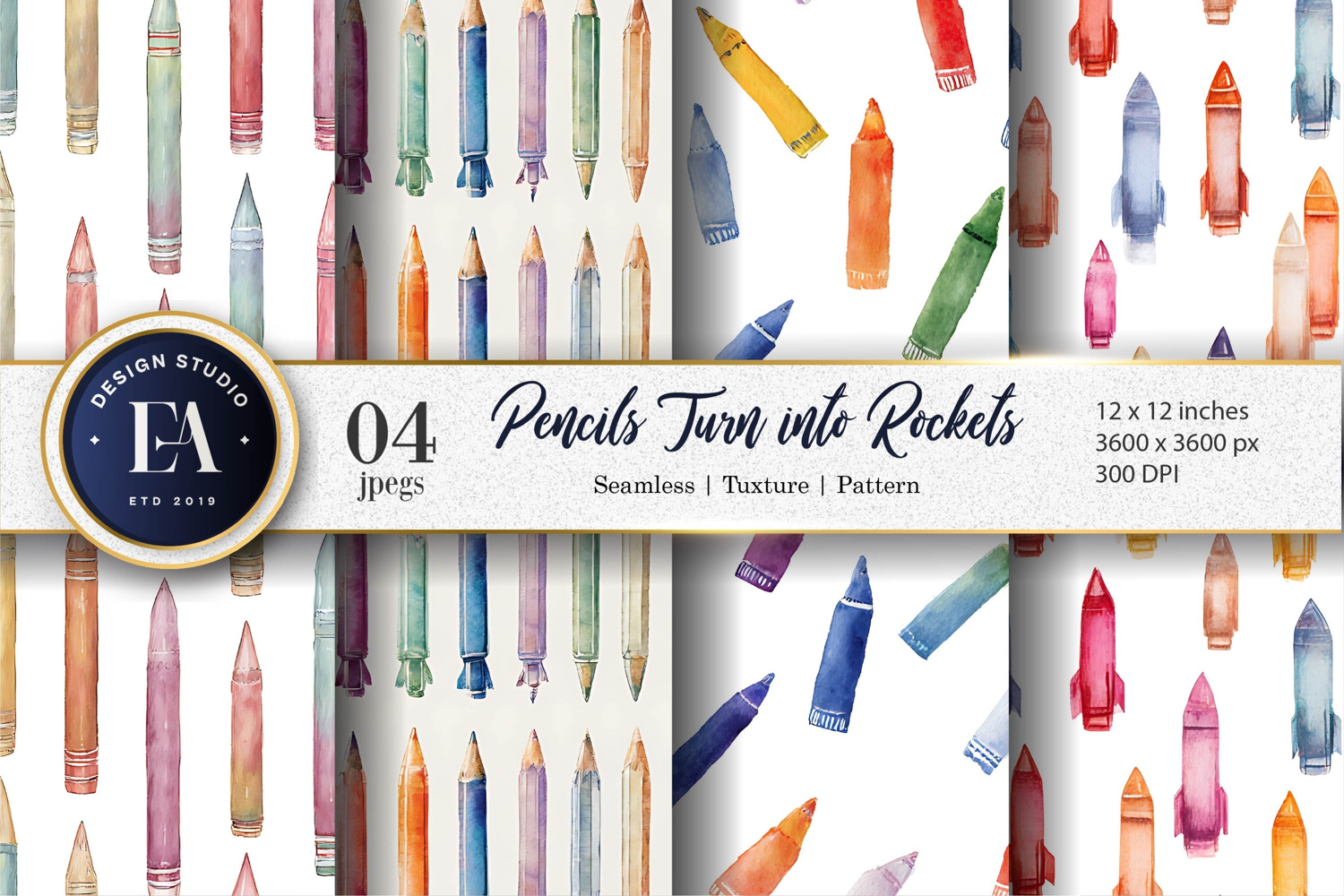 Watercolor Pencils Turning into Rockets Digital Paper product image 1
