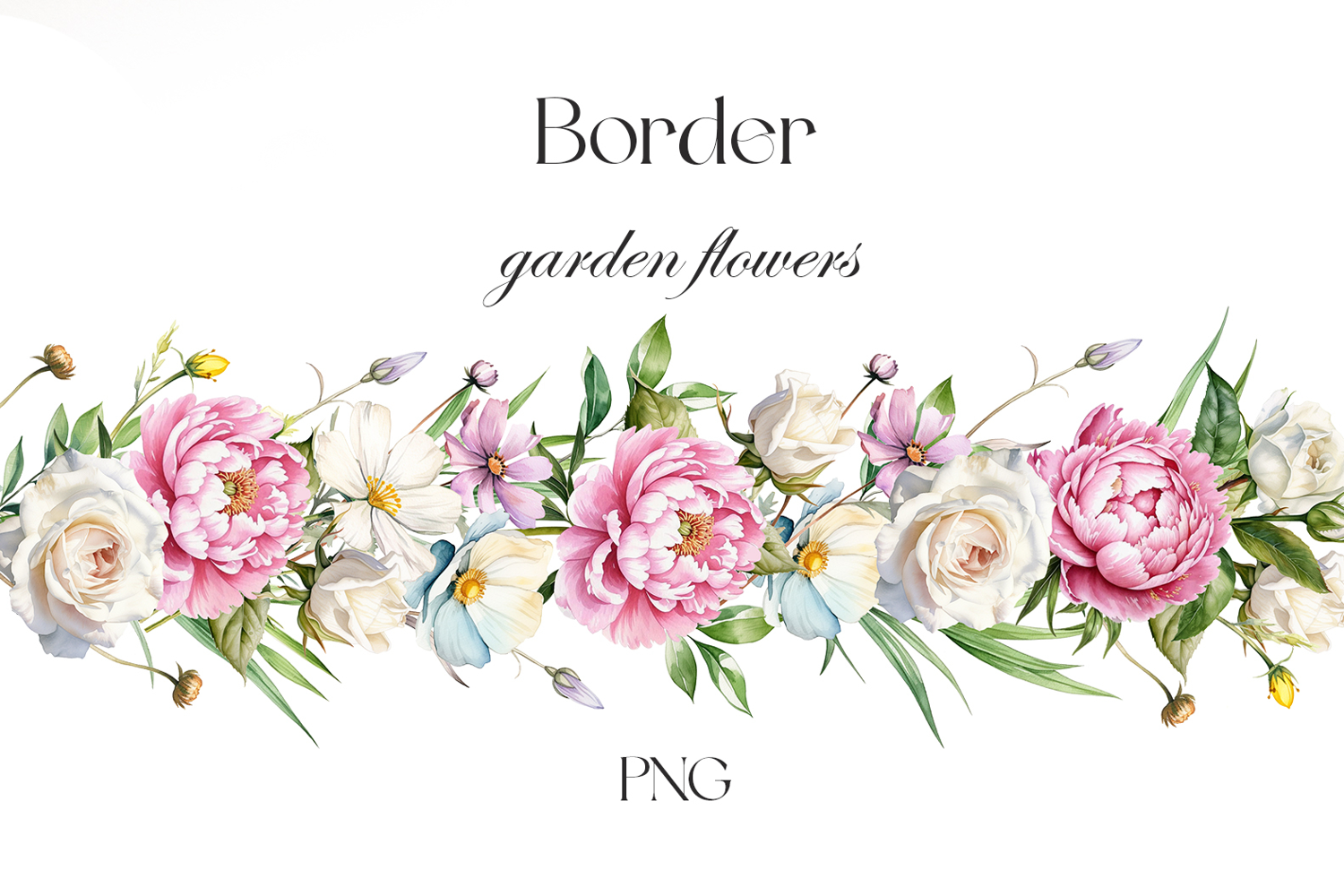 Watercolor peonies and garden flowers border