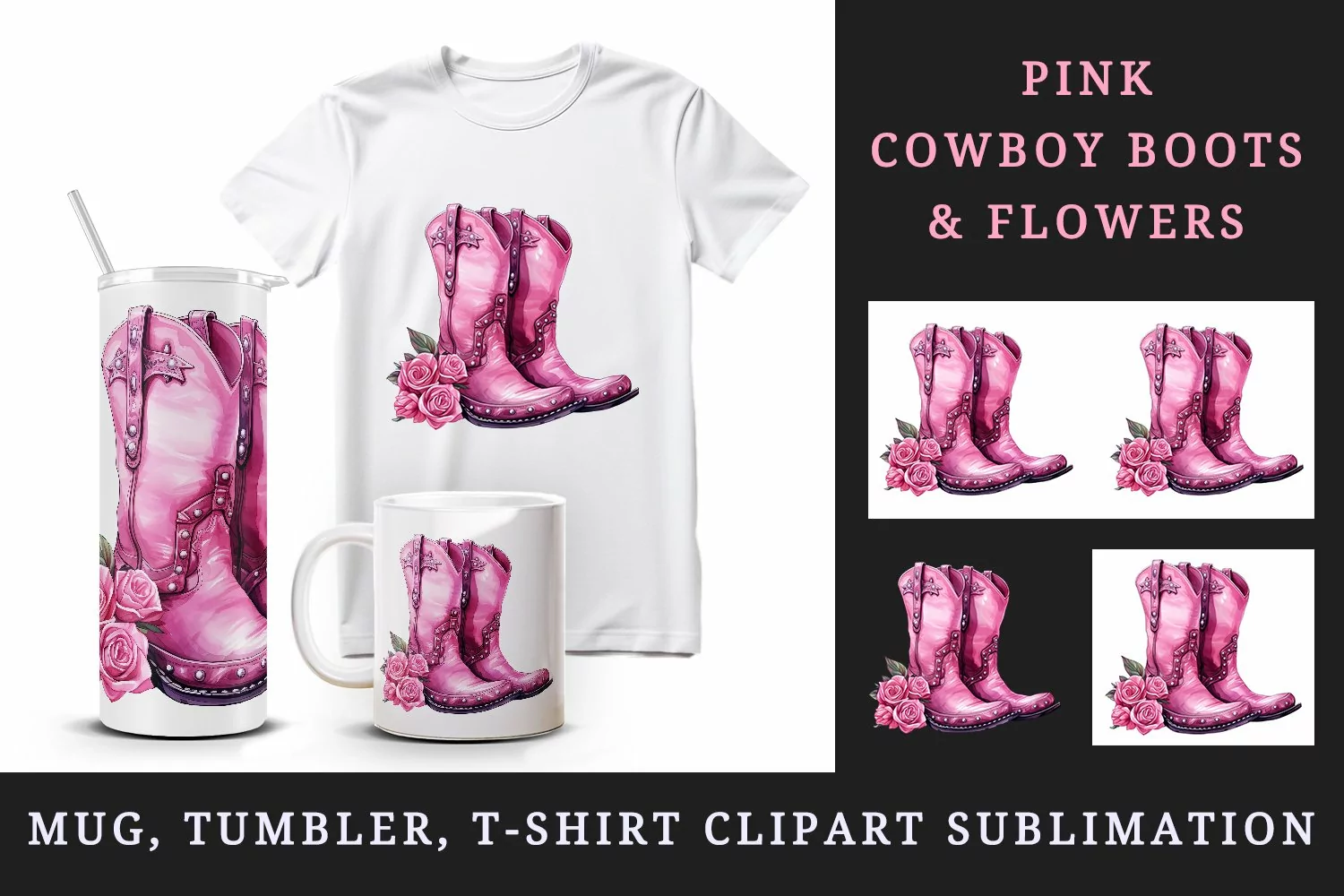 Watercolor pink cowboy leather boots with sparkle diamonds and flower 20 oz tumbler skinny mug wrap clipart t-shirt sublimation printable design