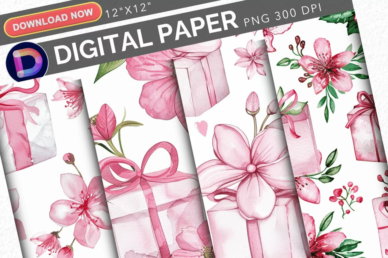 Watercolor Pink Floral Gifts Pattern Digital Paper product image 1