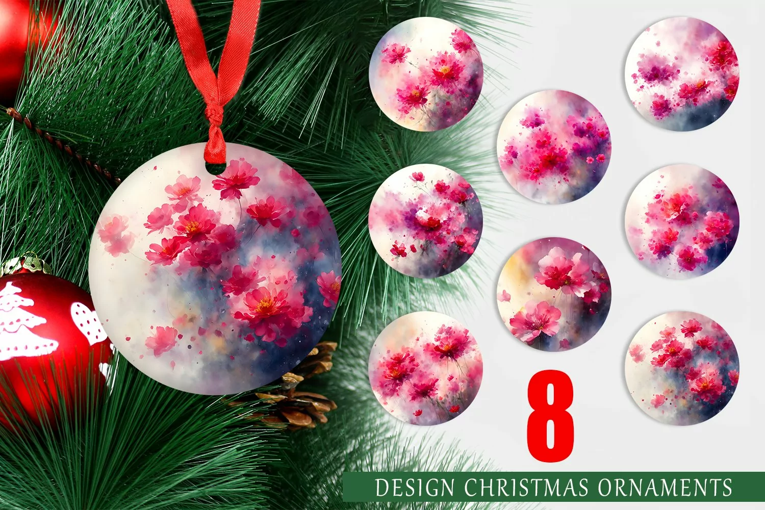Watercolor Pink Flower Christmas Ornaments product image 1