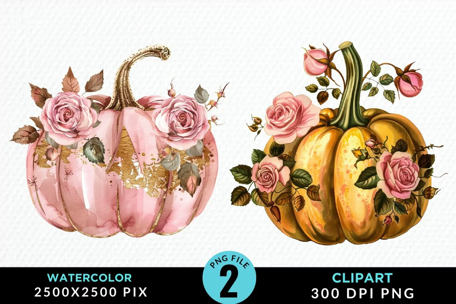Watercolor Pink And Gold Pumpkin Clipart product image 1