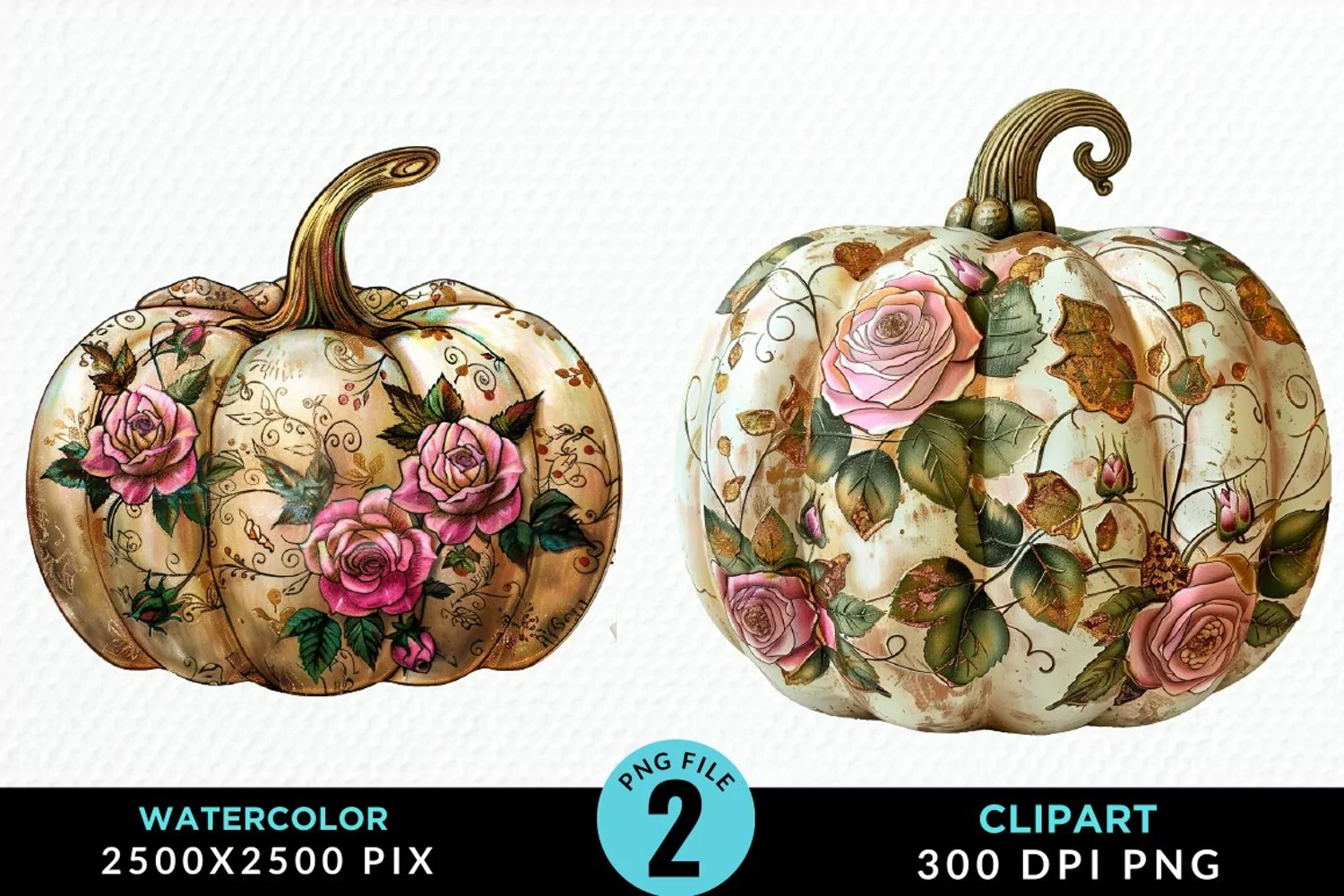 Watercolor Pink And Gold Pumpkin Clipart product image 1