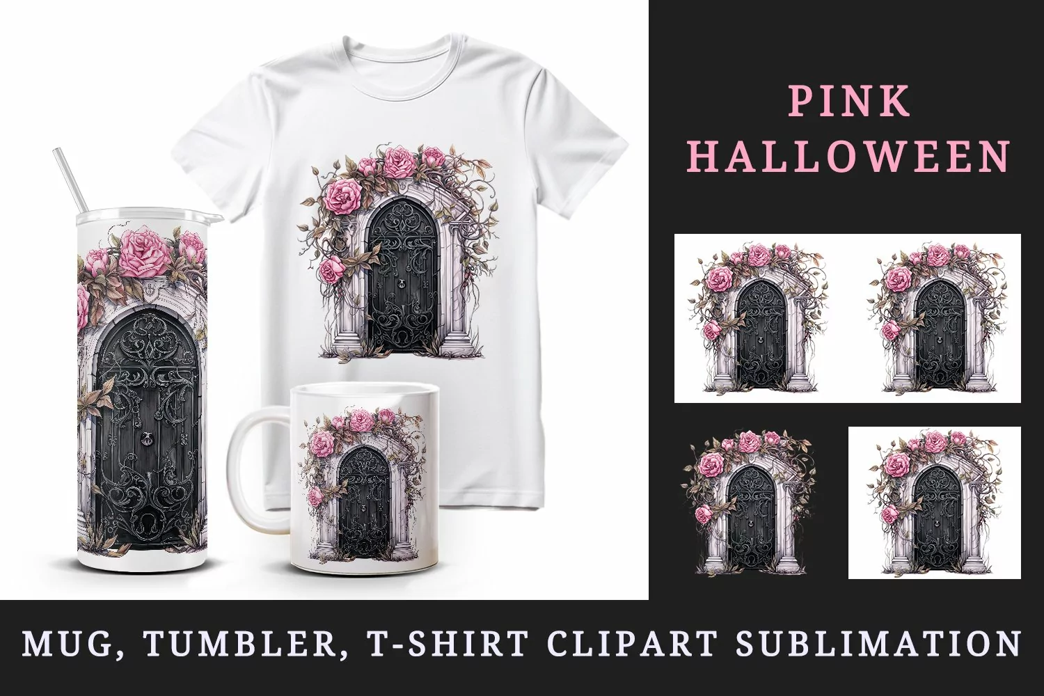 Watercolor Pink Halloween creaky door flowers roses autumn leaves 20 oz tumbler skinny mug wrap clipart t-shirt sublimation printable design