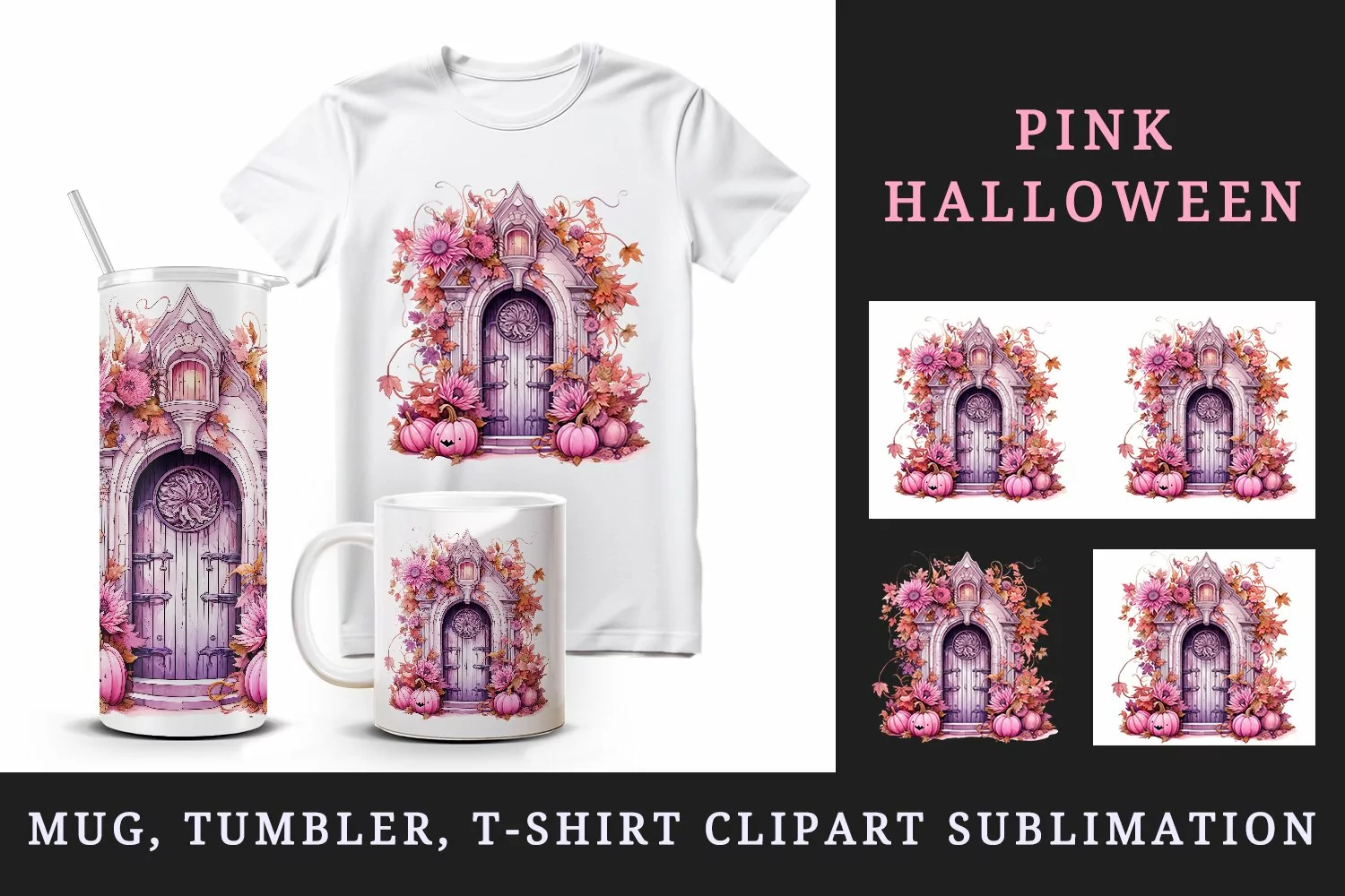 Watercolor Pink Halloween creaky door pumpkins carving flowers Jack-o-lantern 20 oz tumbler skinny mug wrap clipart t-shirt sublimation printable design