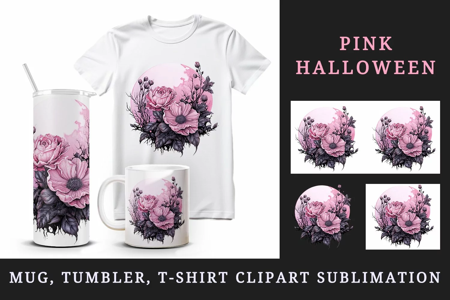 Watercolor Pink Halloween dark scary night moon flowers roses 20 oz tumbler skinny mug wrap clipart t-shirt sublimation printable design