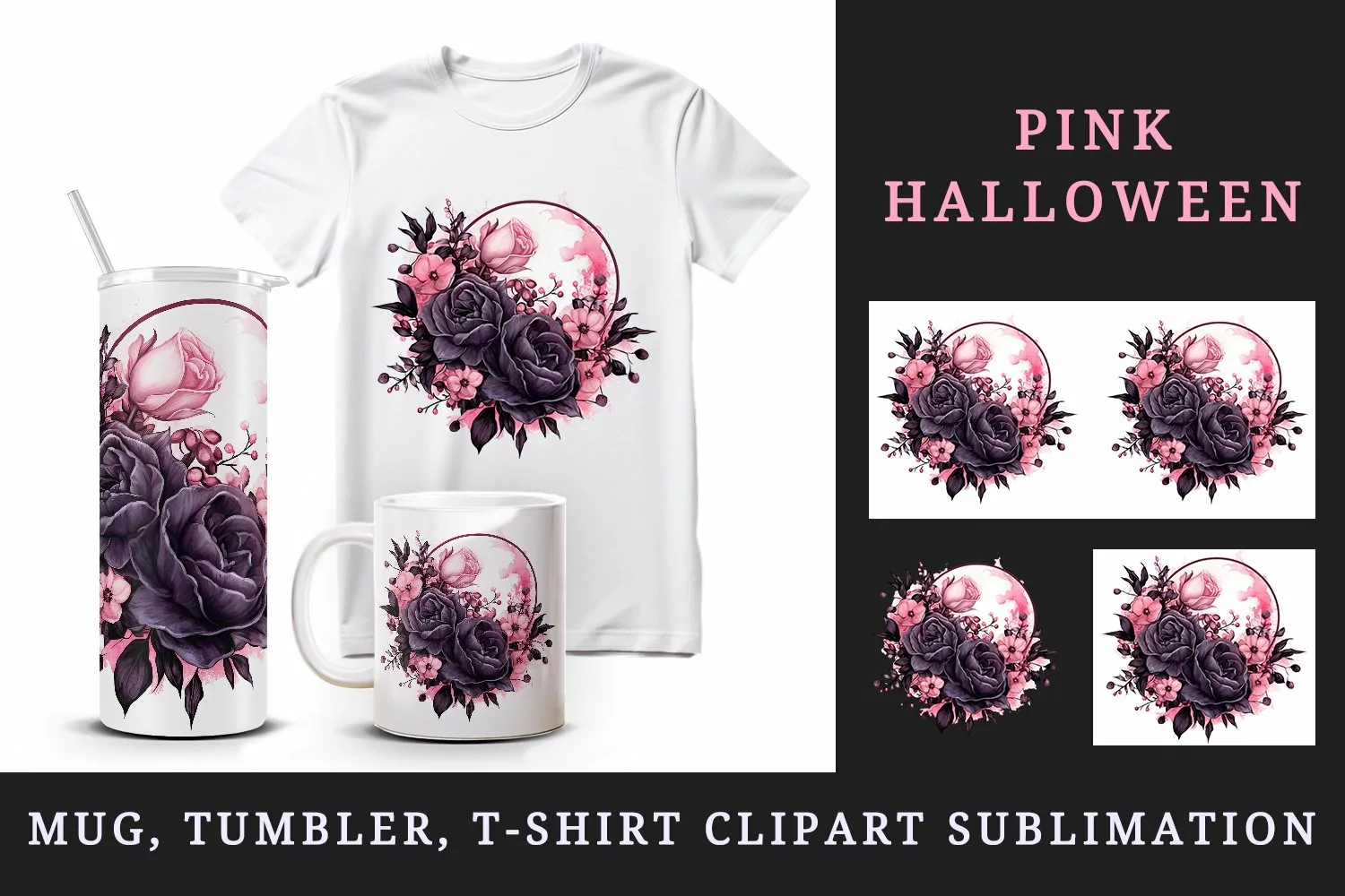 Watercolor Pink Halloween dark scary night moon flowers roses 20 oz tumbler skinny mug wrap clipart t-shirt sublimation printable design