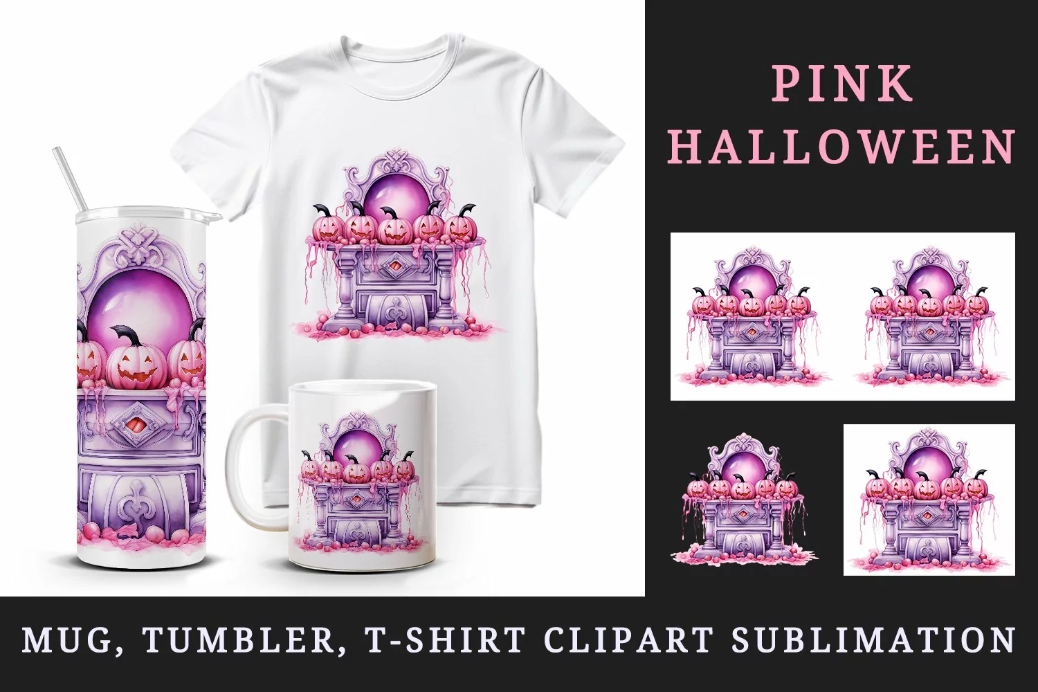 Watercolor pink Halloween fireplace pumpkins carving Jack-o-lantern print 20 oz tumbler skinny mug wrap clipart t-shirt sublimation printable design