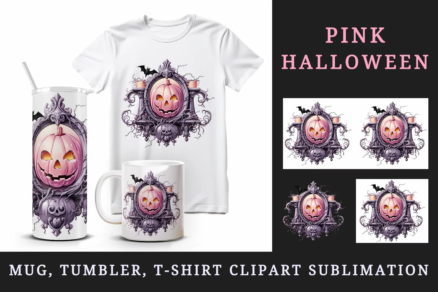Watercolor Pink Halloween floral pumpkin carving bat frame Jack-o-lantern 20 oz tumbler skinny mug wrap clipart t-shirt sublimation printable design