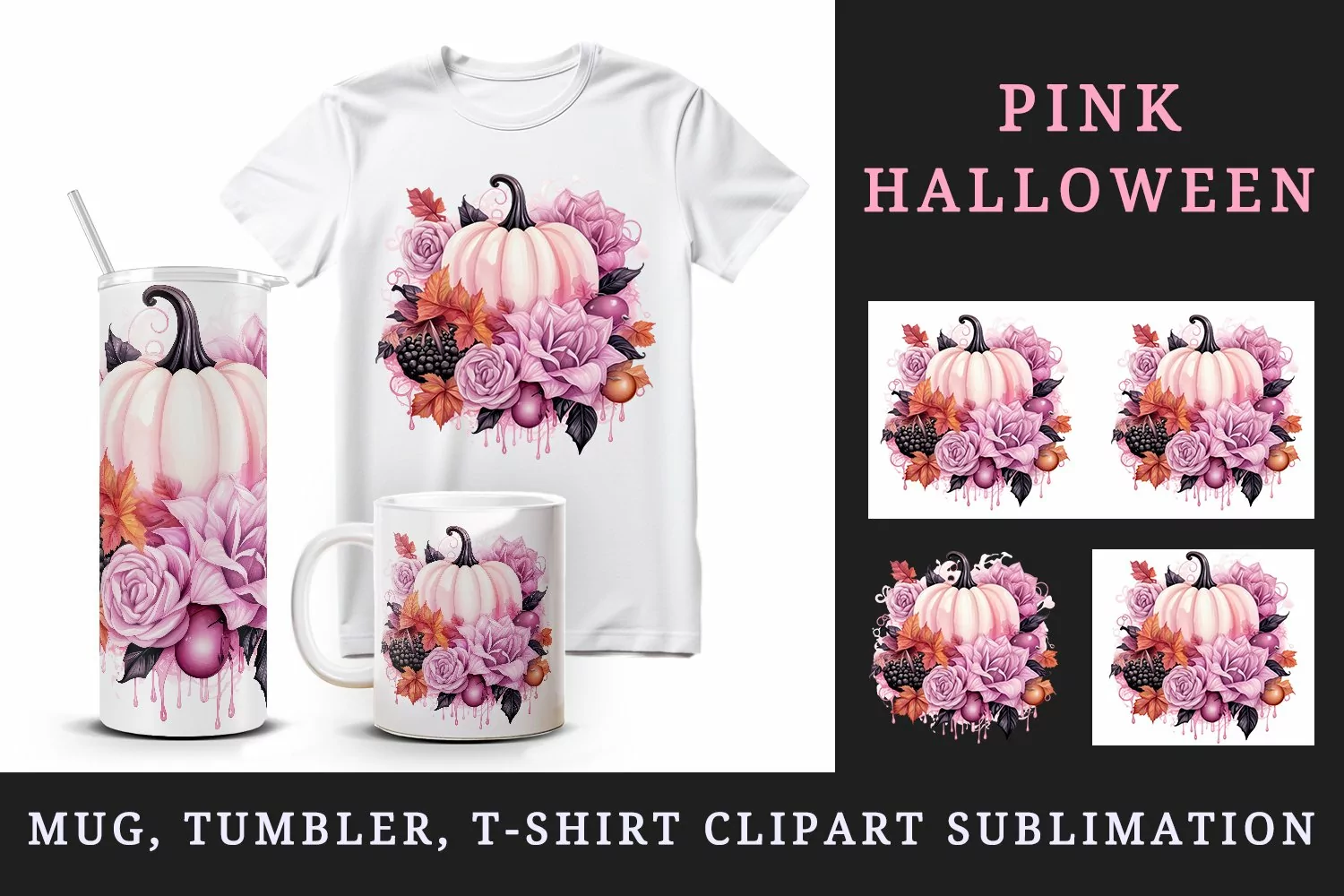 Watercolor Pink Halloween floral pumpkin fall flowers roses 20 oz tumbler skinny mug wrap clipart t-shirt sublimation printable design