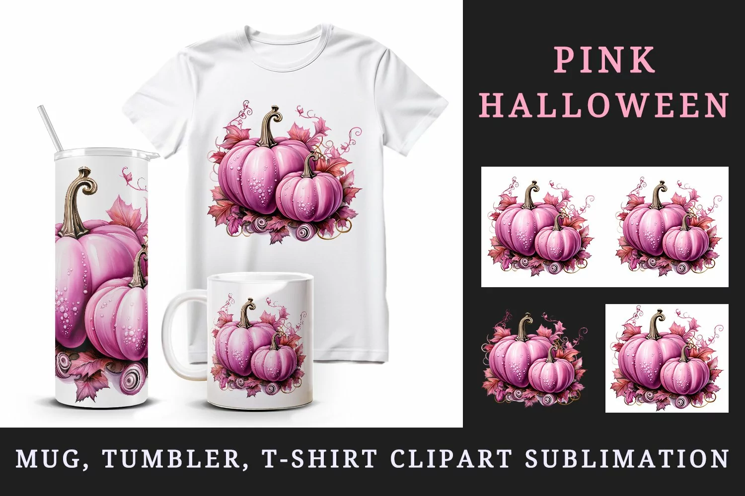 Watercolor Pink Halloween floral pumpkin fall flowers roses 20 oz tumbler skinny mug wrap clipart t-shirt sublimation printable design