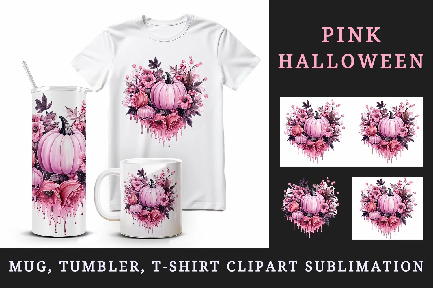 Watercolor Pink Halloween floral pumpkin fall flowers roses 20 oz tumbler skinny mug wrap clipart t-shirt sublimation printable design