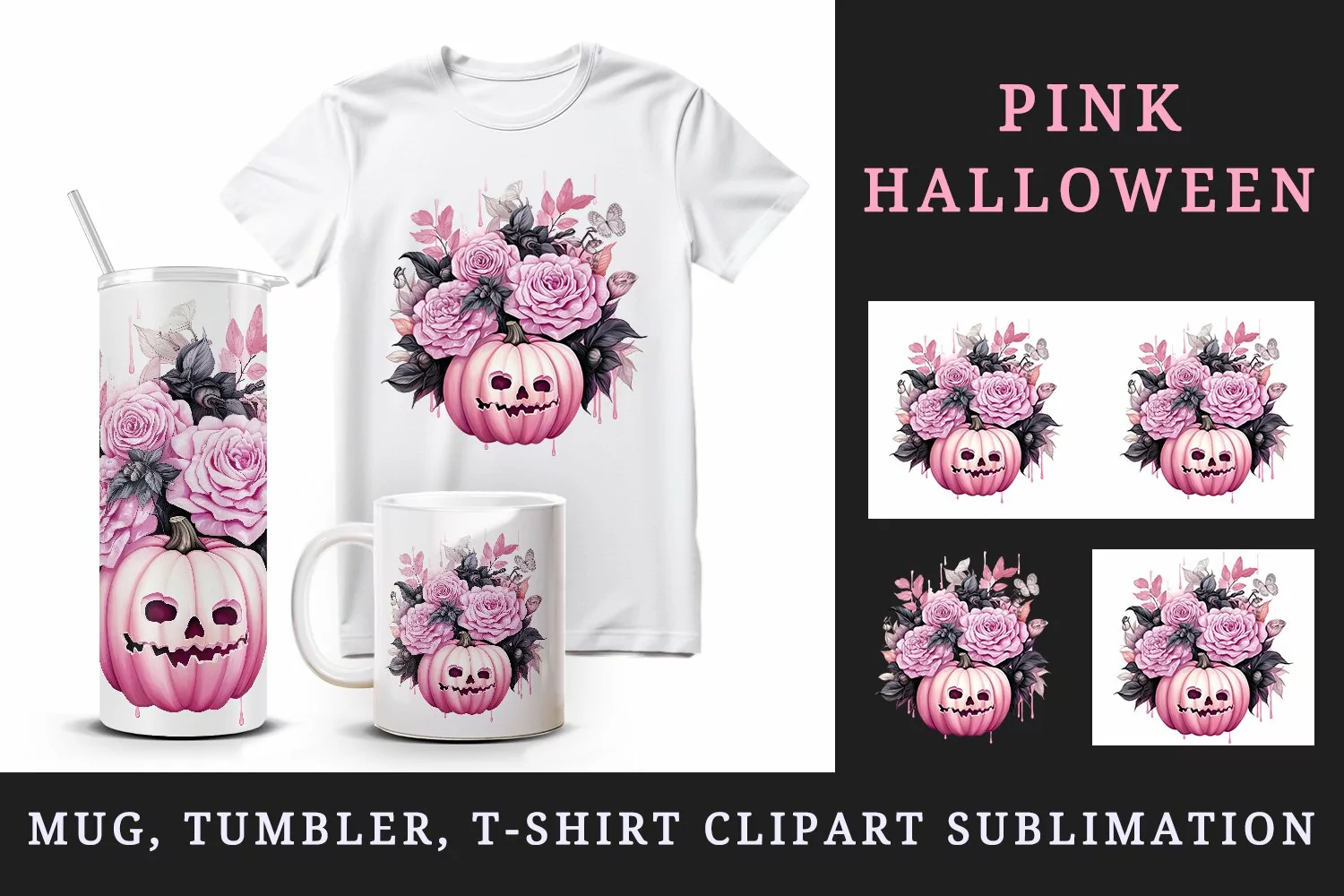 Watercolor Pink Halloween floral pumpkin flowers roses Jack-o-lantern 20 oz tumbler skinny mug wrap clipart t-shirt sublimation printable design
