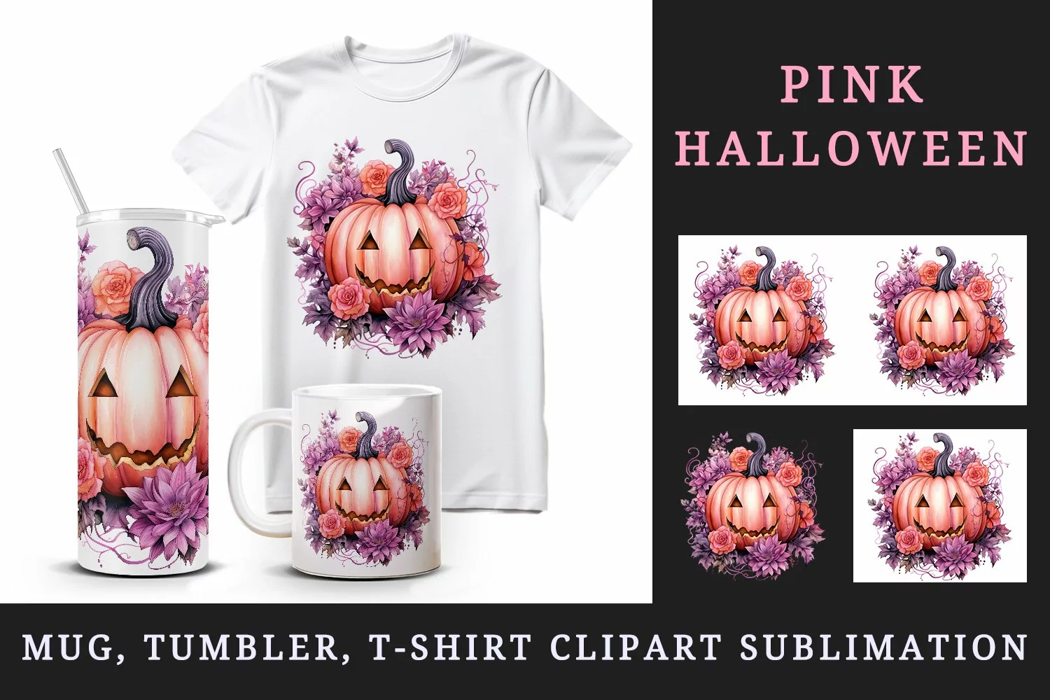 Watercolor Pink Halloween floral pumpkin flowers roses Jack-o-lantern 20 oz tumbler skinny mug wrap clipart t-shirt sublimation printable design