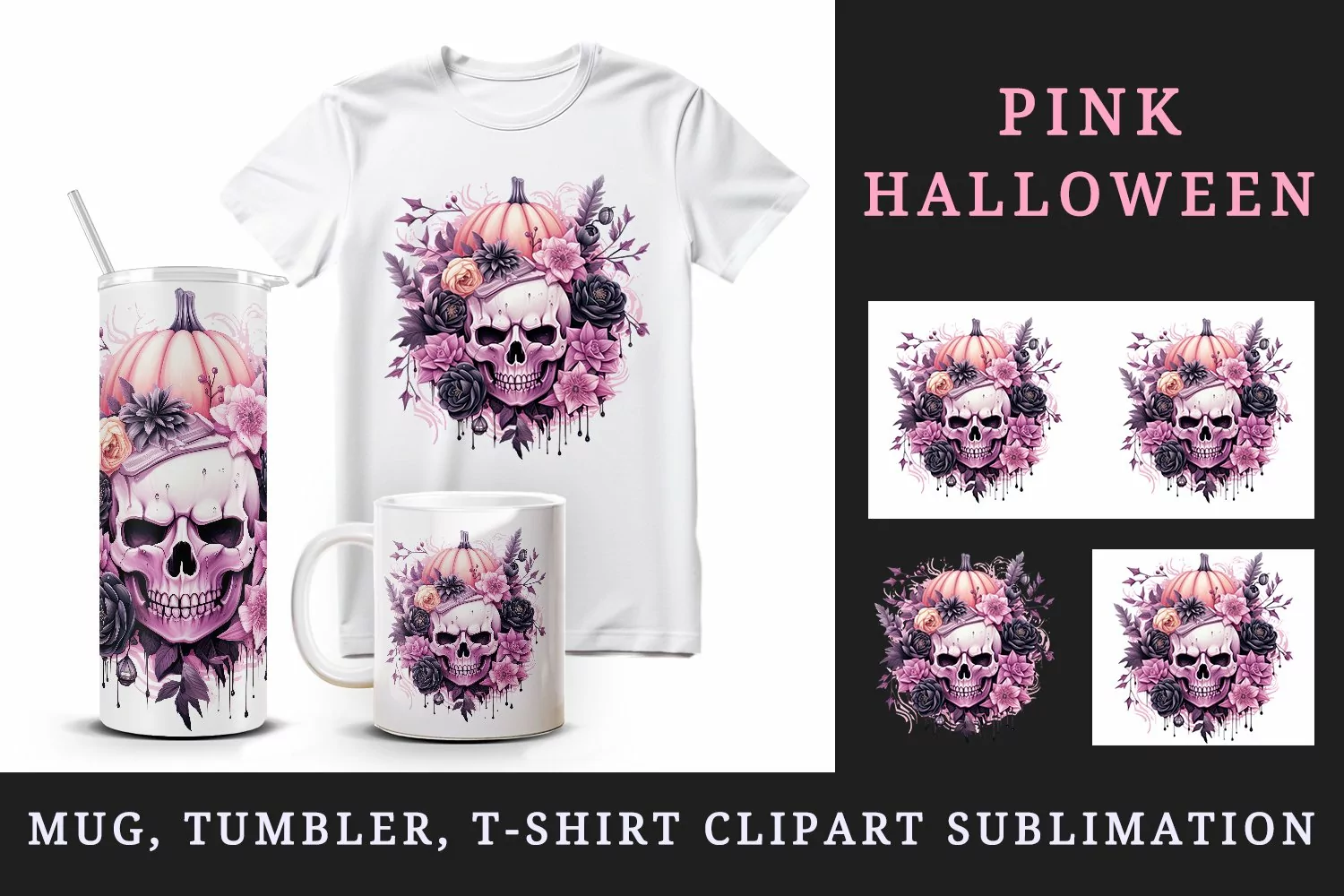 Watercolor Pink Halloween horror ghost flowers roses skull grim reaper 20 oz tumbler skinny mug wrap clipart t-shirt sublimation printable design