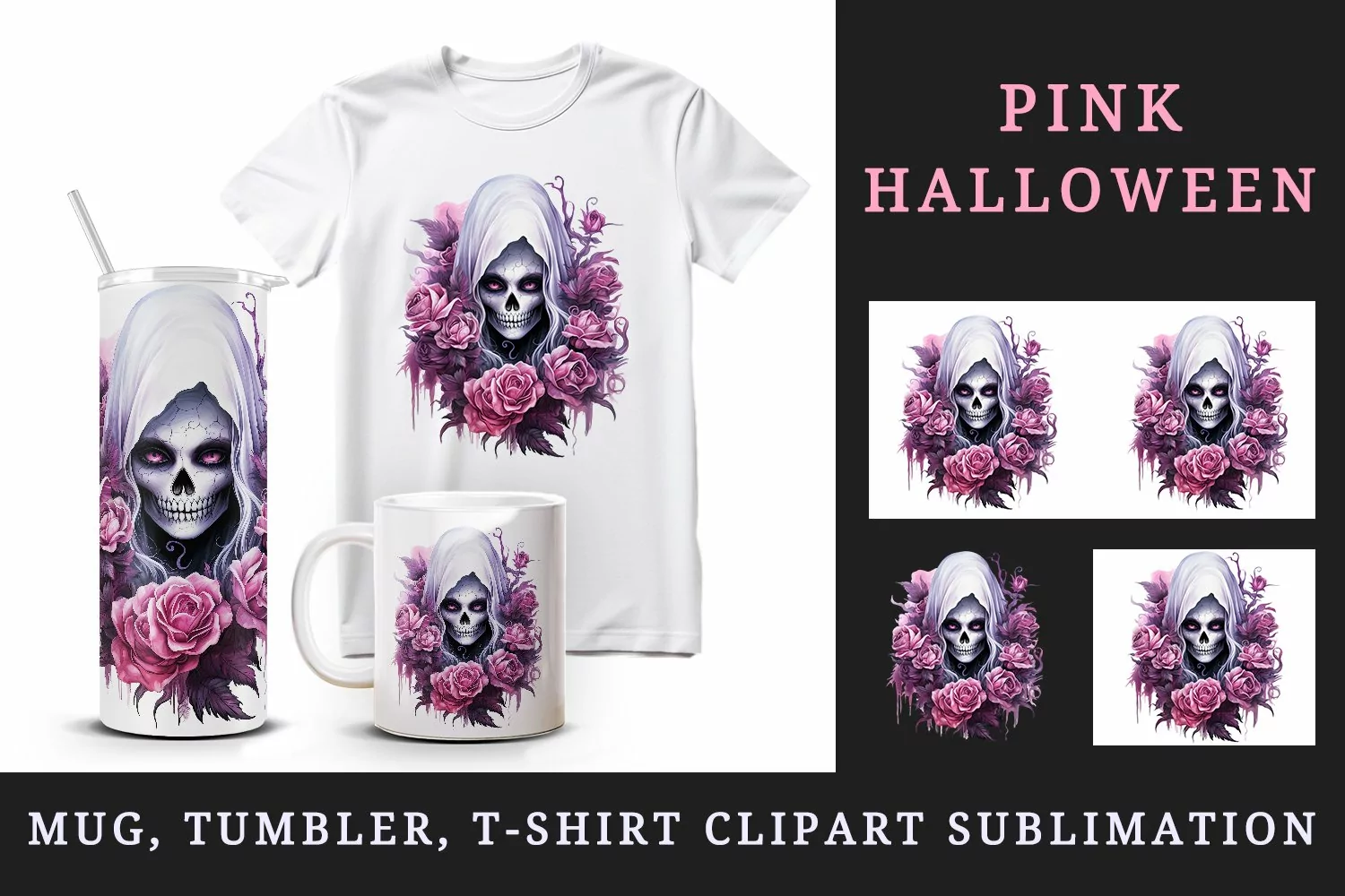 Watercolor Pink Halloween horror ghost flowers roses skull grim reaper 20 oz tumbler skinny mug wrap clipart t-shirt sublimation printable design