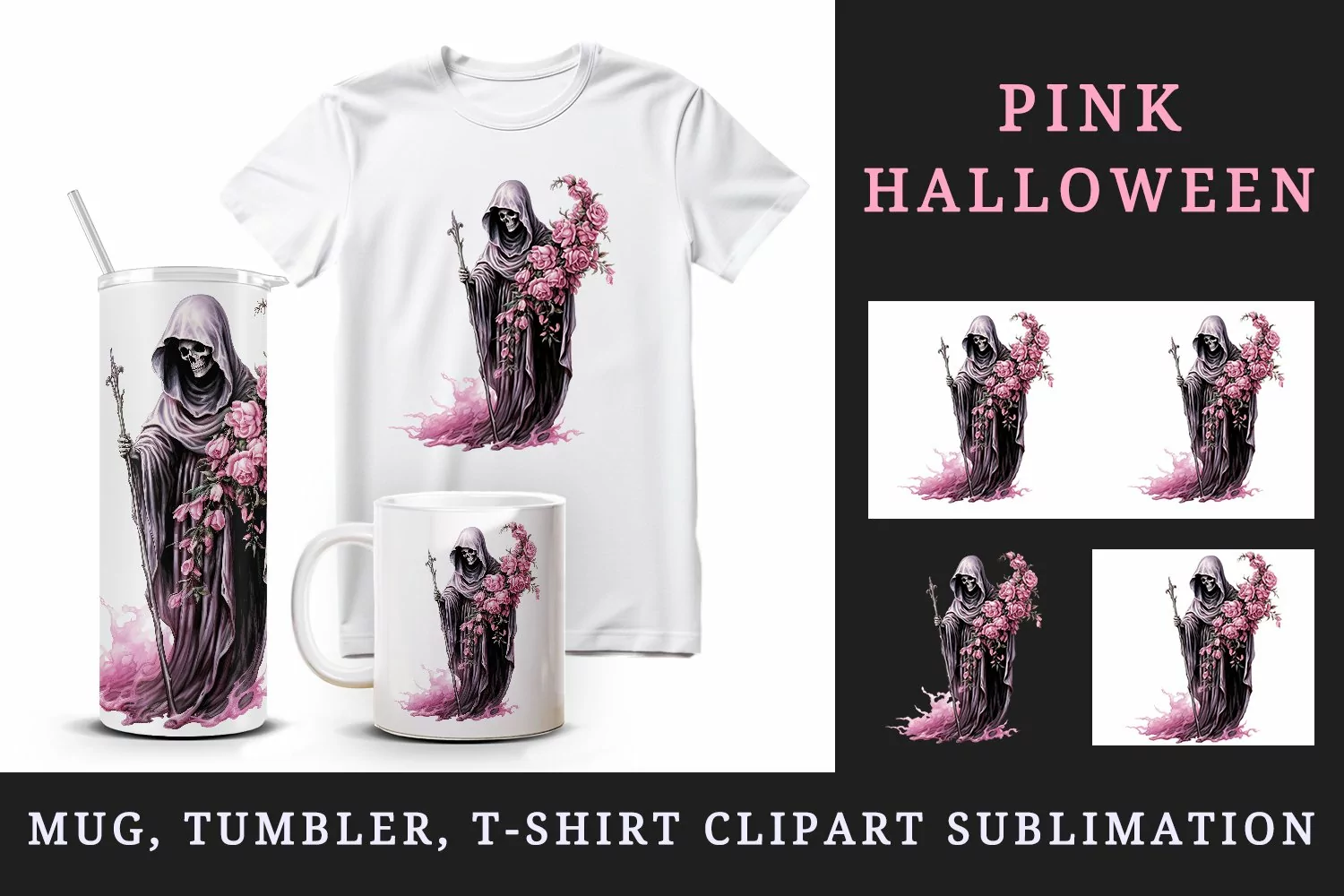 Watercolor Pink Halloween horror ghost flowers skull grim reaper 20 oz tumbler skinny mug wrap clipart t-shirt sublimation printable design