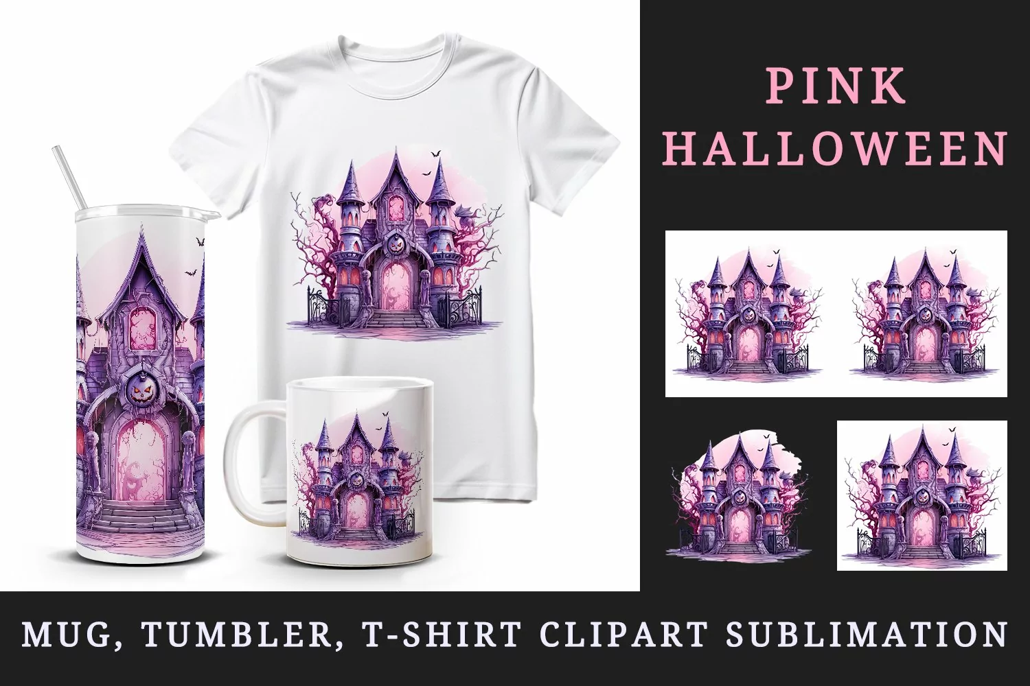 Watercolor Pink Halloween night pumpkins castle haunted house Jack-o-lantern 20oz tumbler skinny mug wrap clipart t-shirt sublimation printable design