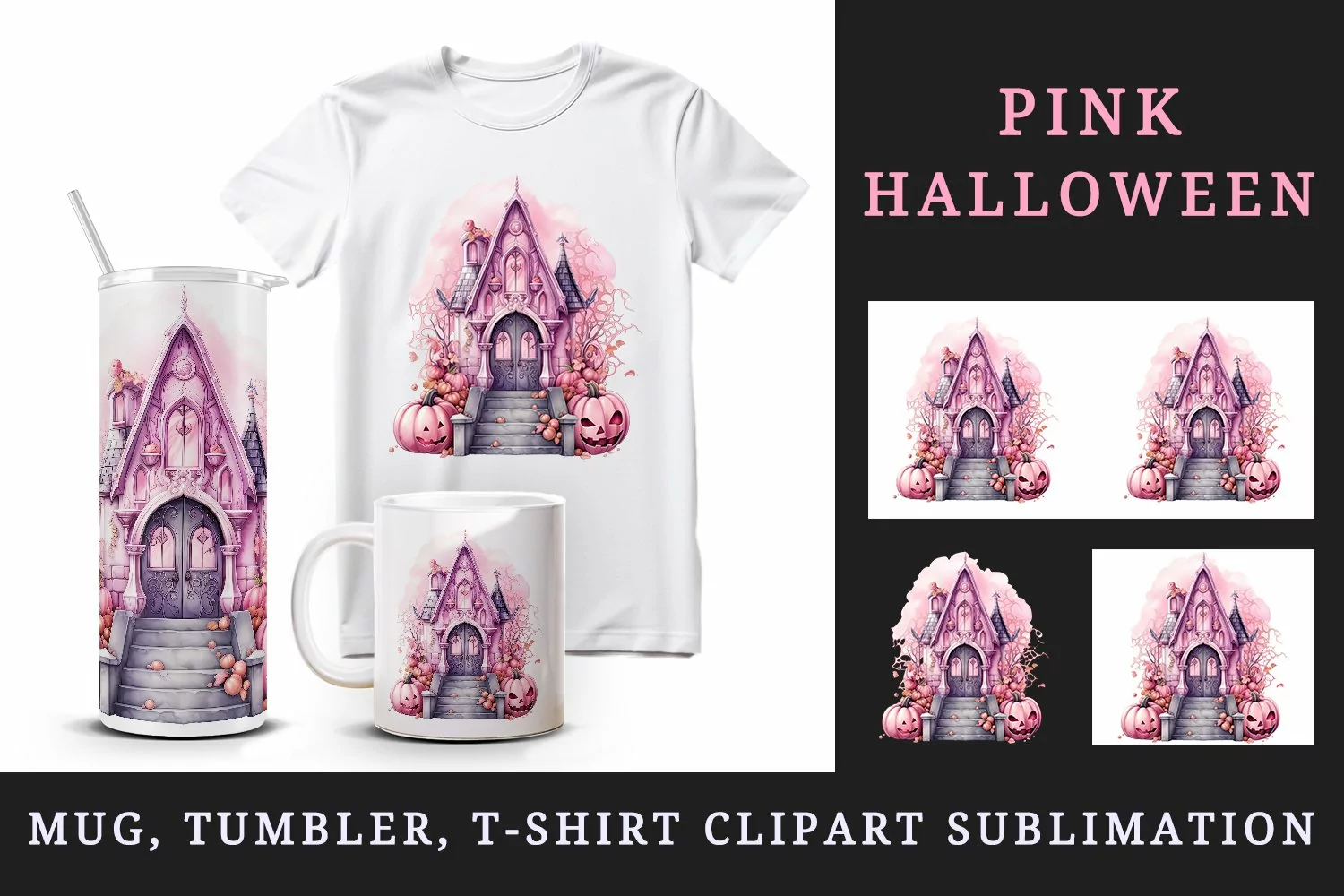 Watercolor Pink Halloween night pumpkins castle haunted house Jack-o-lantern 20oz tumbler skinny mug wrap clipart t-shirt sublimation printable design