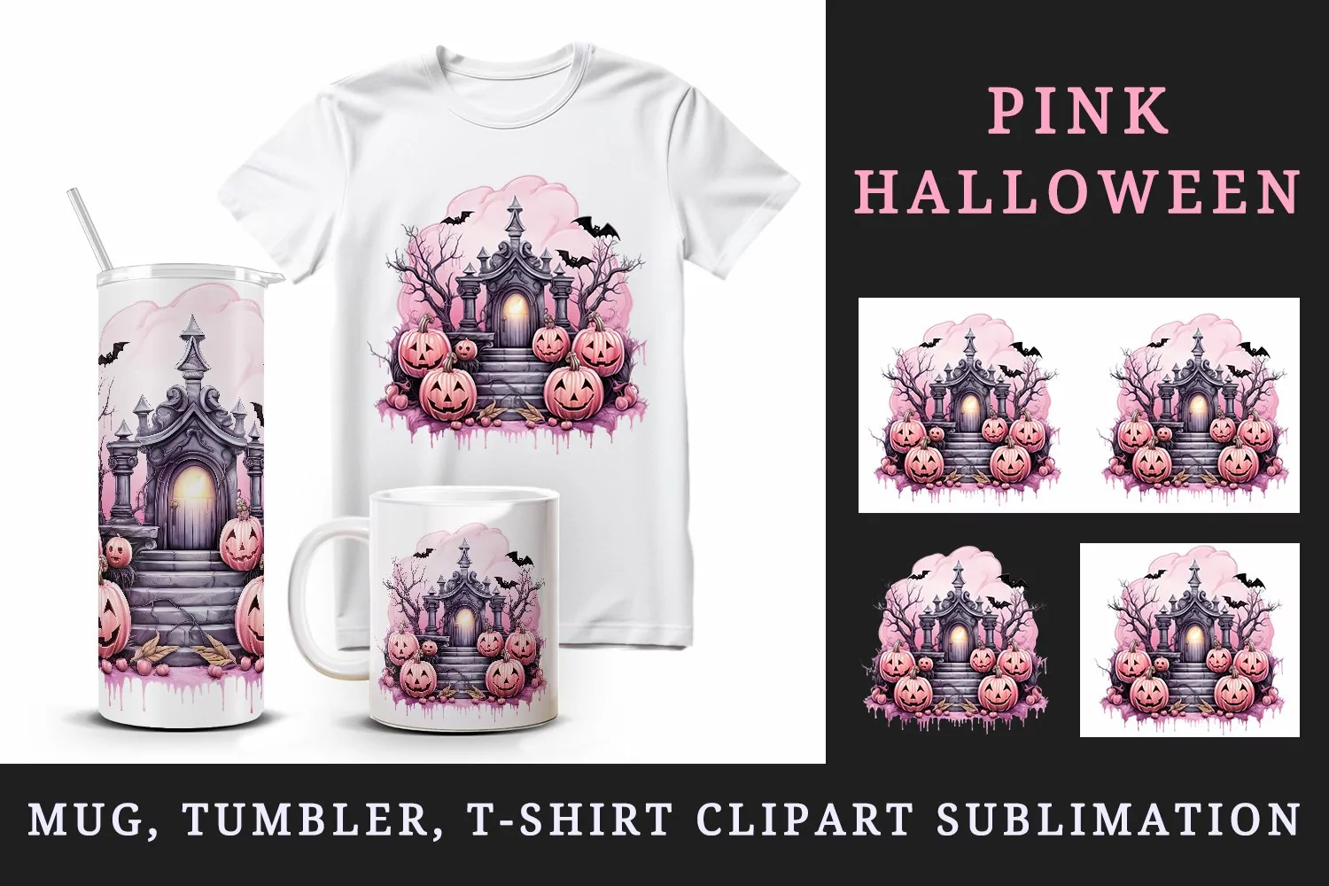 Watercolor Pink Halloween night pumpkins castle haunted house Jack-o-lantern 20oz tumbler skinny mug wrap clipart t-shirt sublimation printable design