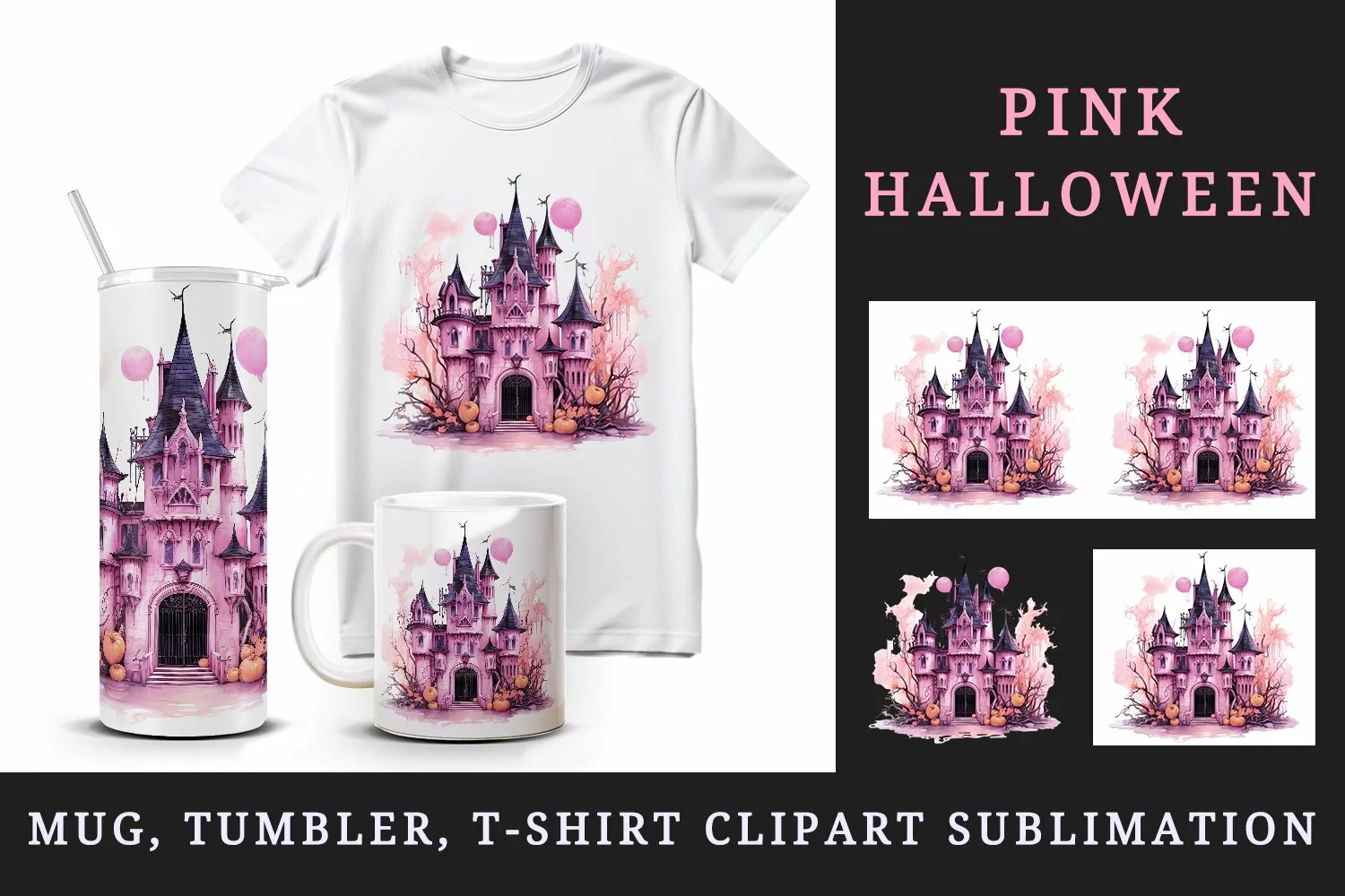 Watercolor Pink Halloween night pumpkins castle haunted house Jack-o-lantern 20oz tumbler skinny mug wrap clipart t-shirt sublimation printable design
